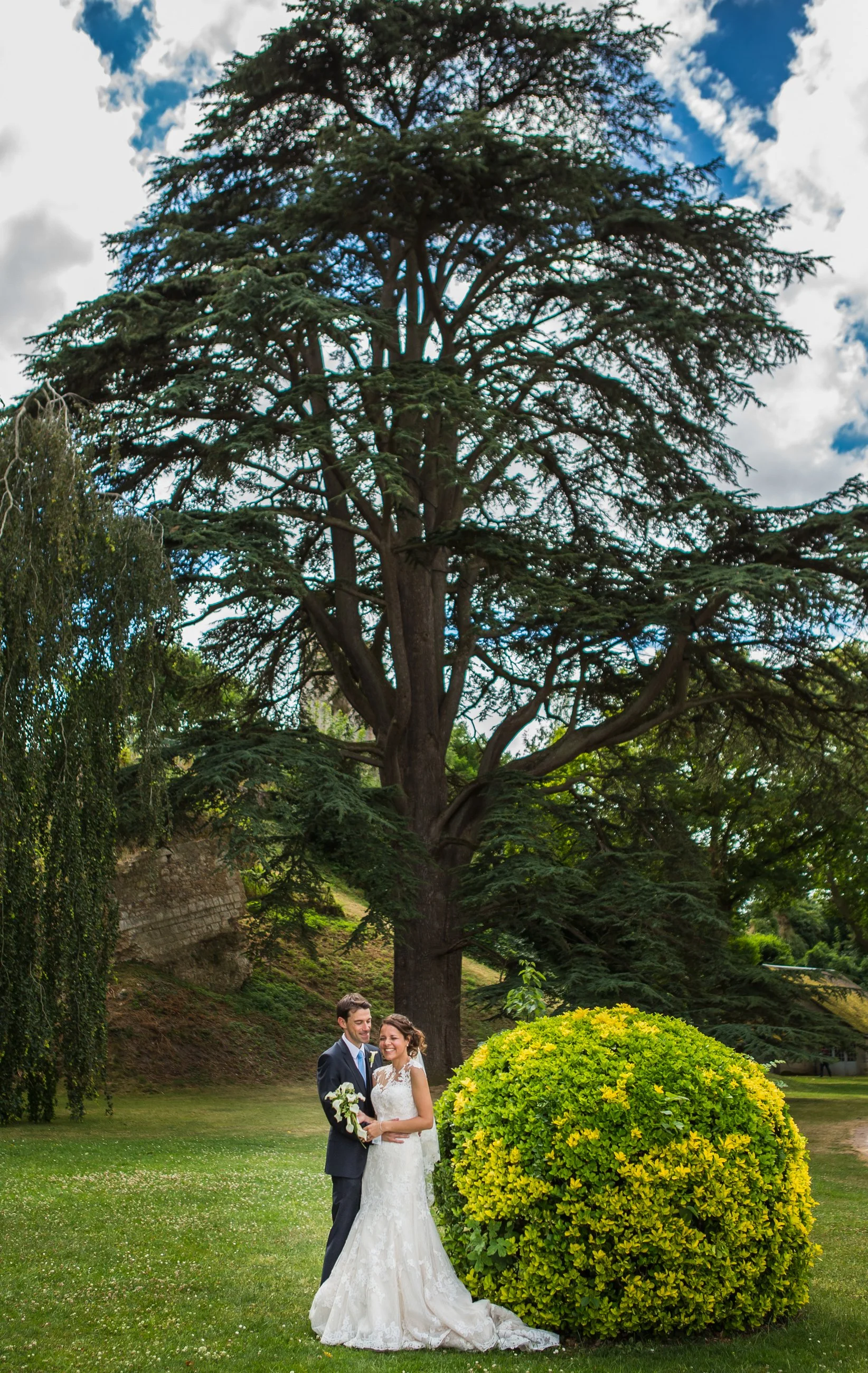 A bride and groom standing outdoors in a park-like setting, smiling and holding hands, with lush green grass, a large shrub, and tall trees in the background on a partly cloudy day.