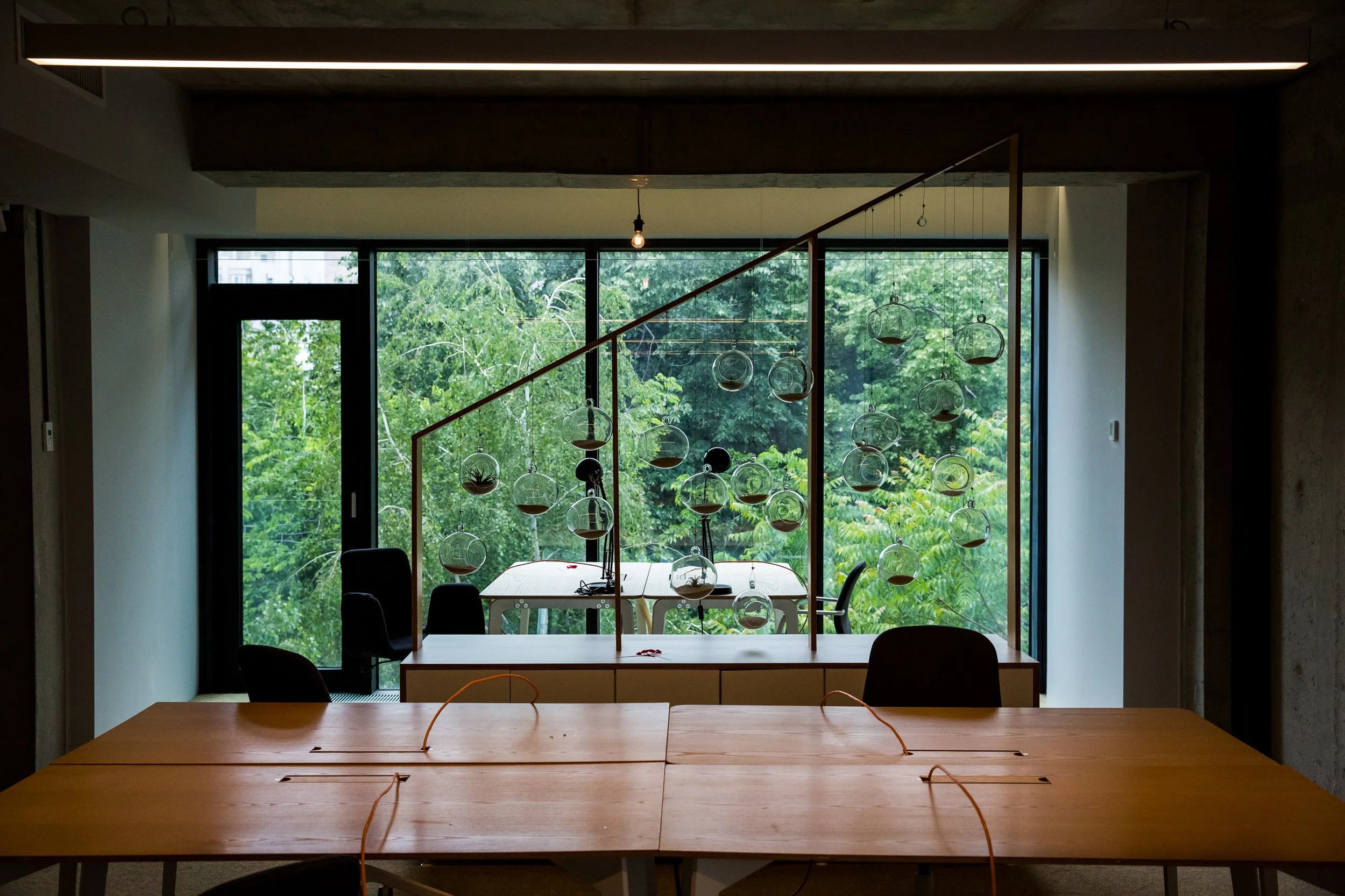 Interior of a modern meeting room with wooden tables, hanging glass terrariums with plants, black chairs, and large floor-to-ceiling windows showing green trees outside. Overhead lighting and an exposed light bulb add to the contemporary design.
