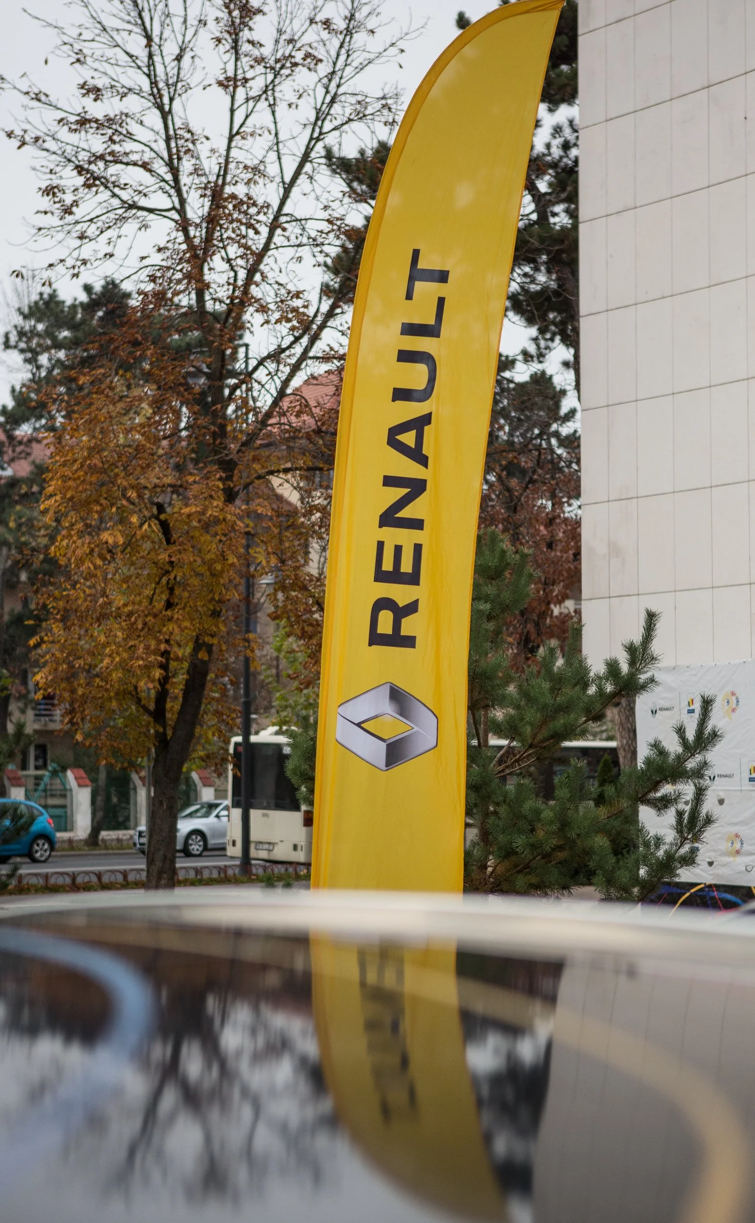 A yellow vertical flag with the Renault logo and the word "Renault" on it, set outdoors with trees, cars, and a building in the background.
