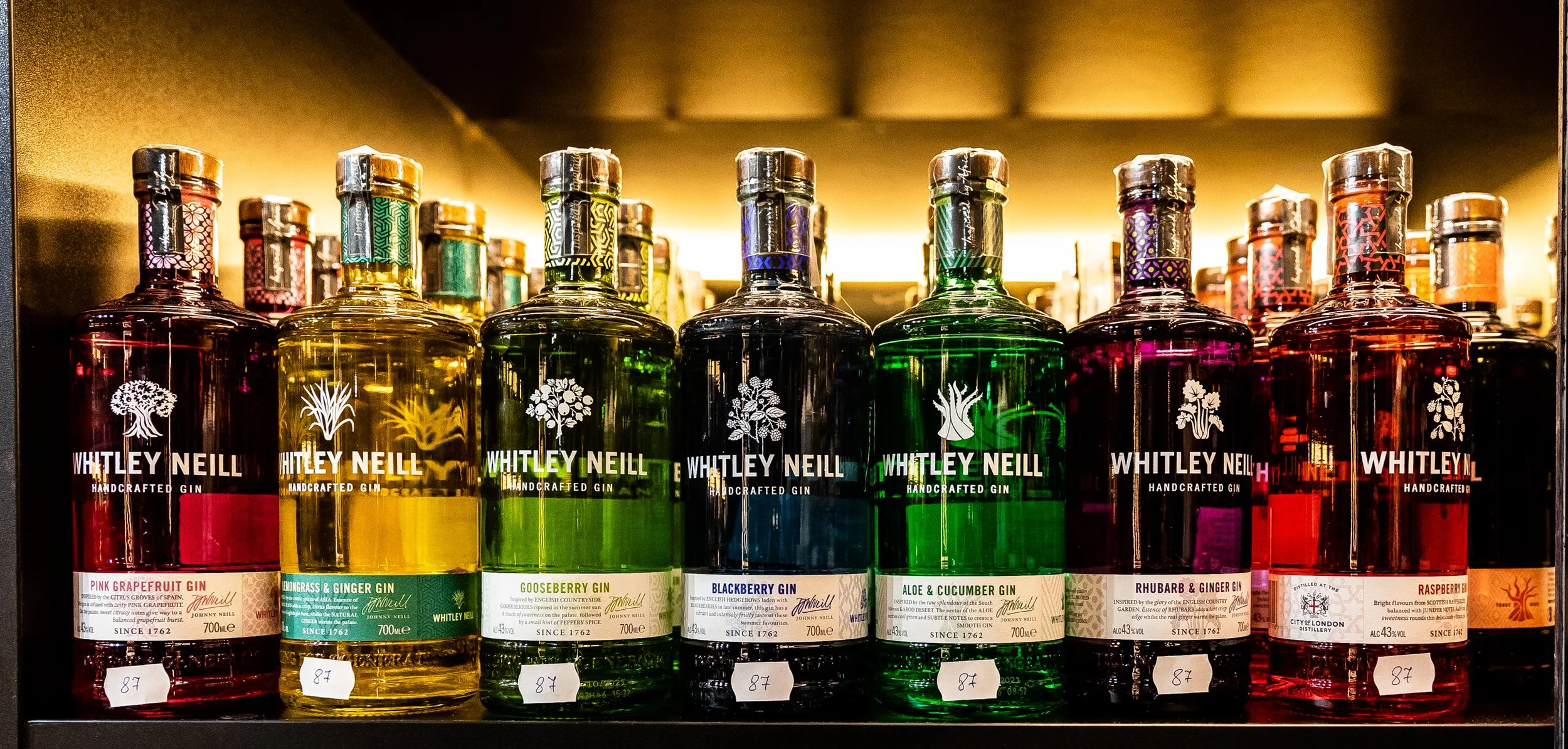 Rows of colorful Whitley Neill gin bottles on a shelf, including pink grapefruit, endergrass & ginger, gooseberry, blackberry, aloe & cucumber, rhubarb & ginger, and raspberry flavors.