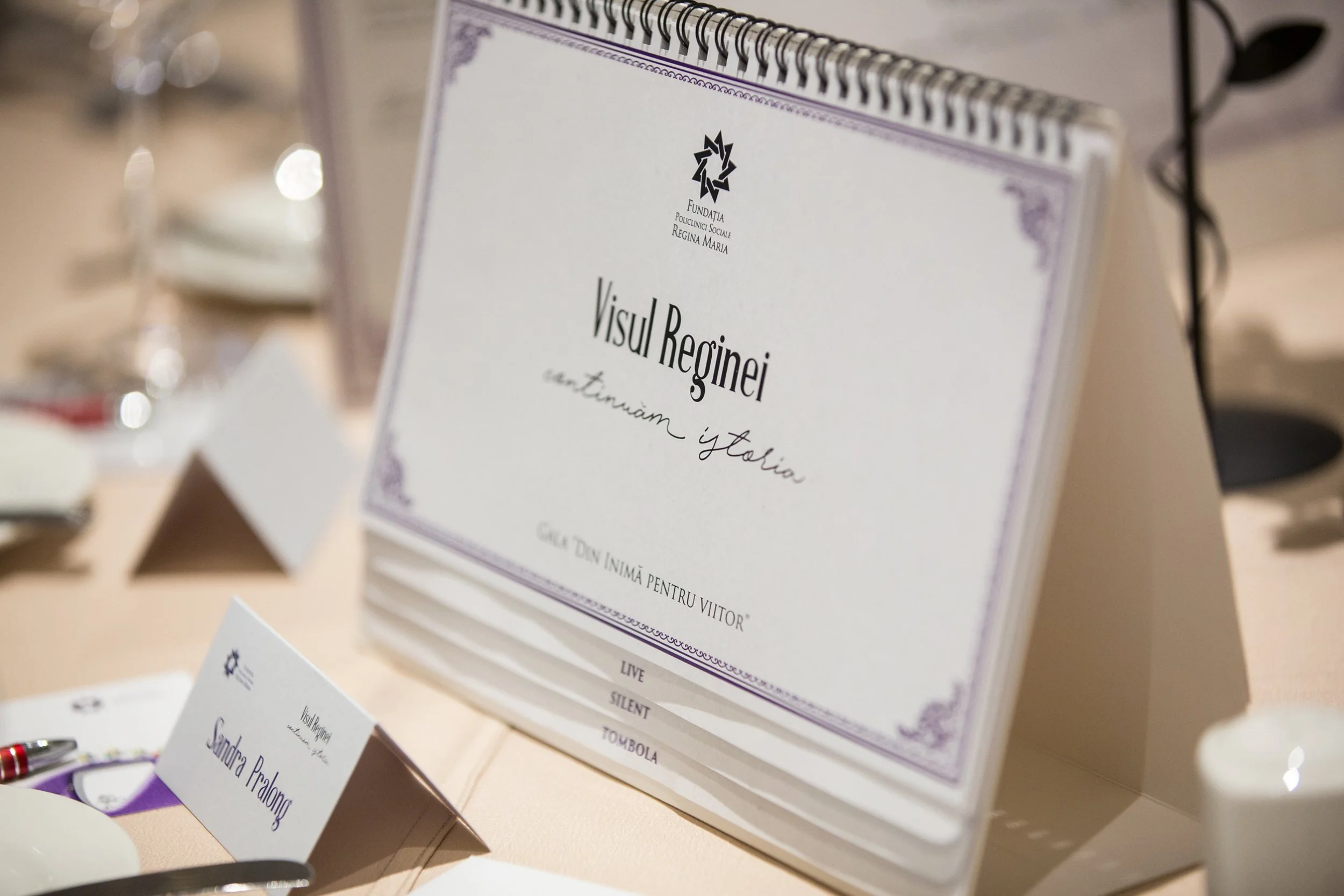 A spiral-bound book with a label that reads 'Visul Reginei' on a stand at an event, with other informational cards and materials nearby.