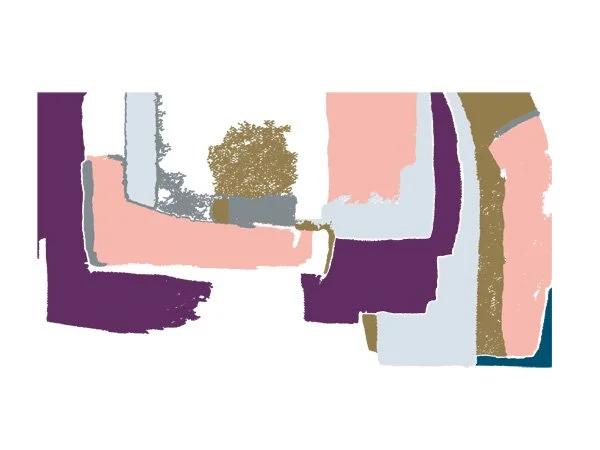 Abstract geometric artwork with irregular shapes in pink, purple, gray, beige, and teal colors.