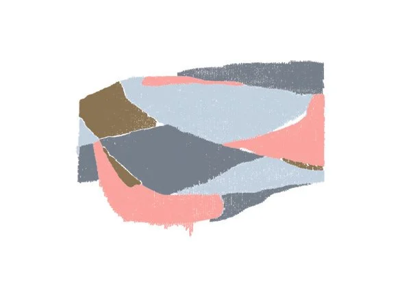 Abstract artwork with irregular shapes in shades of pink, gray, brown, and blue on a white background.