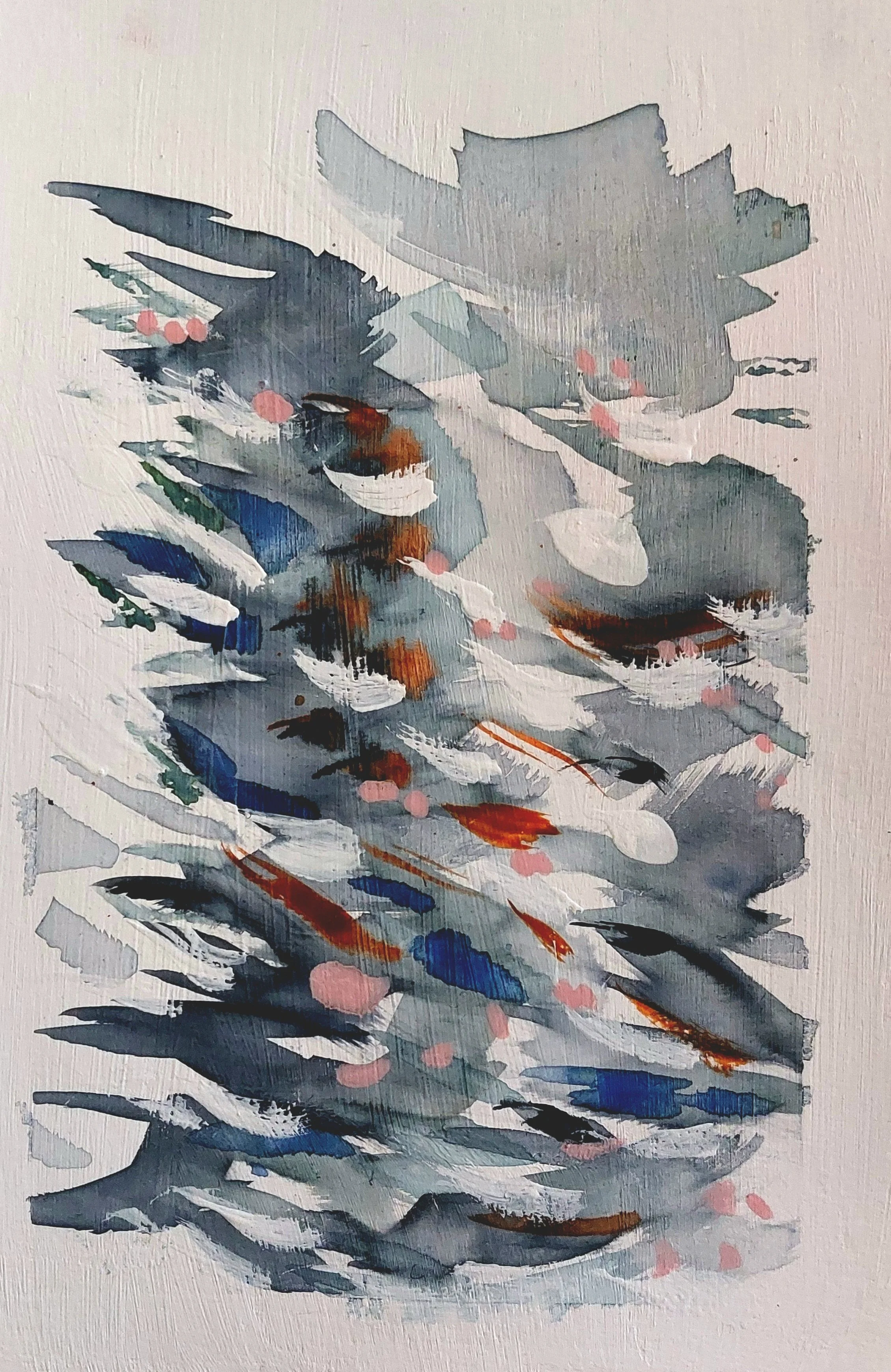 Abstract watercolor painting of pine tree in muted gray, blue, and hints of red, pink, and brown colors.