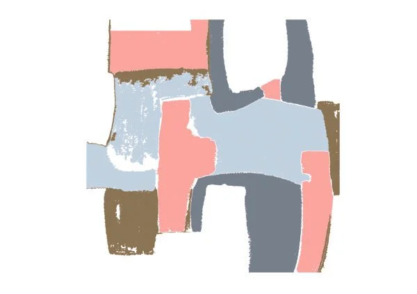 Abstract painting with irregular blocks of pink, gray, blue, white, and brown colors.