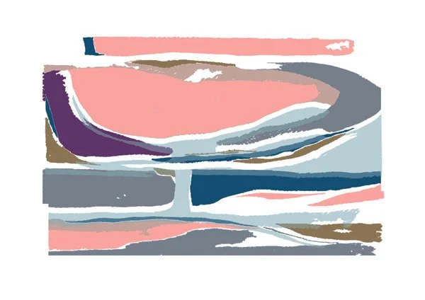 Abstract painting with curved shapes and brushstrokes in pink, purple, beige, blue, and gray colors.