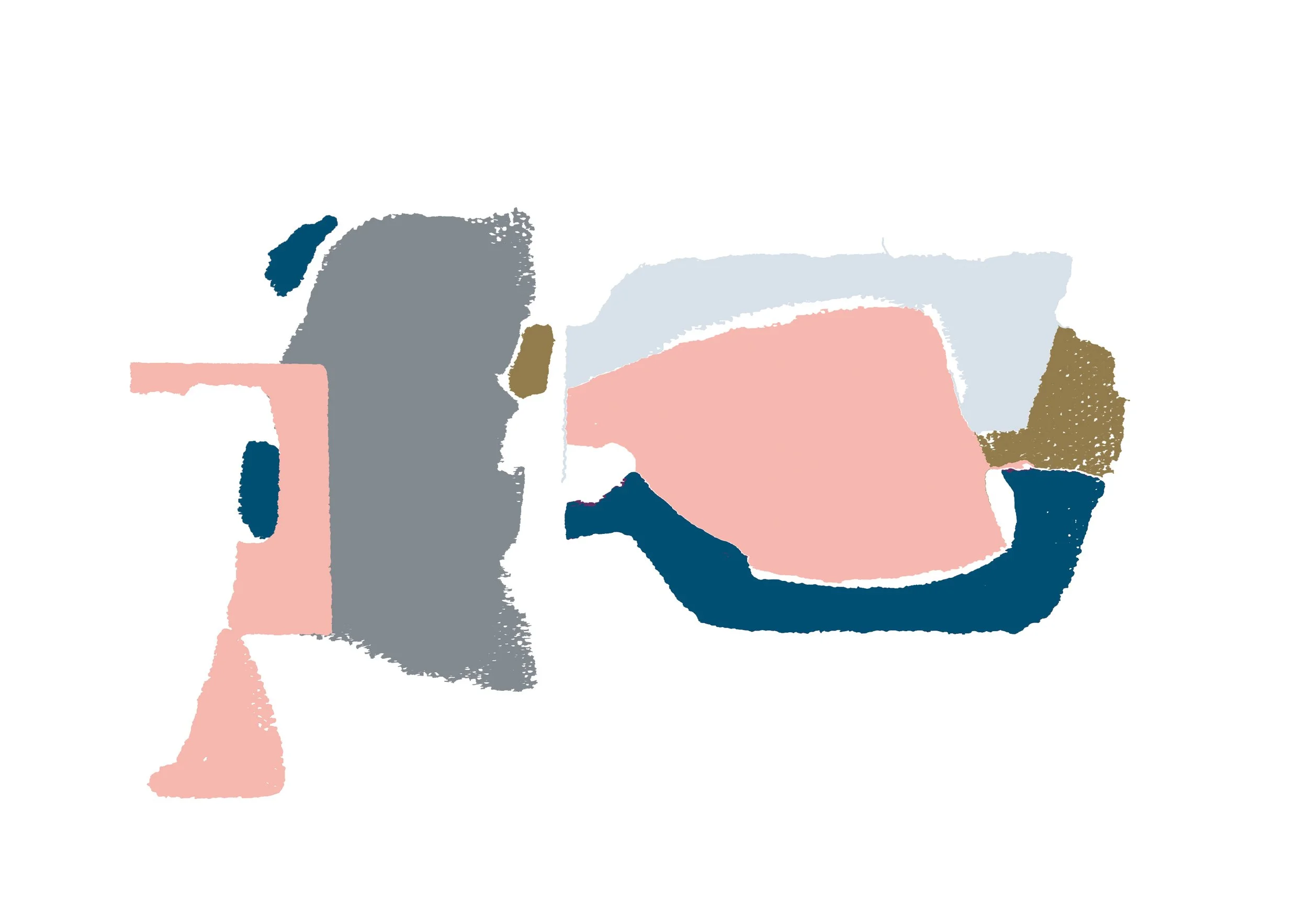 Abstract art with irregular shapes in shades of gray, pink, blue, and gold on a white background.