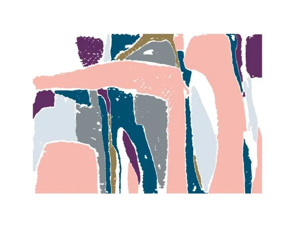 Abstract artwork with various shapes and colors including pink, purple, blue, gray, and gold.