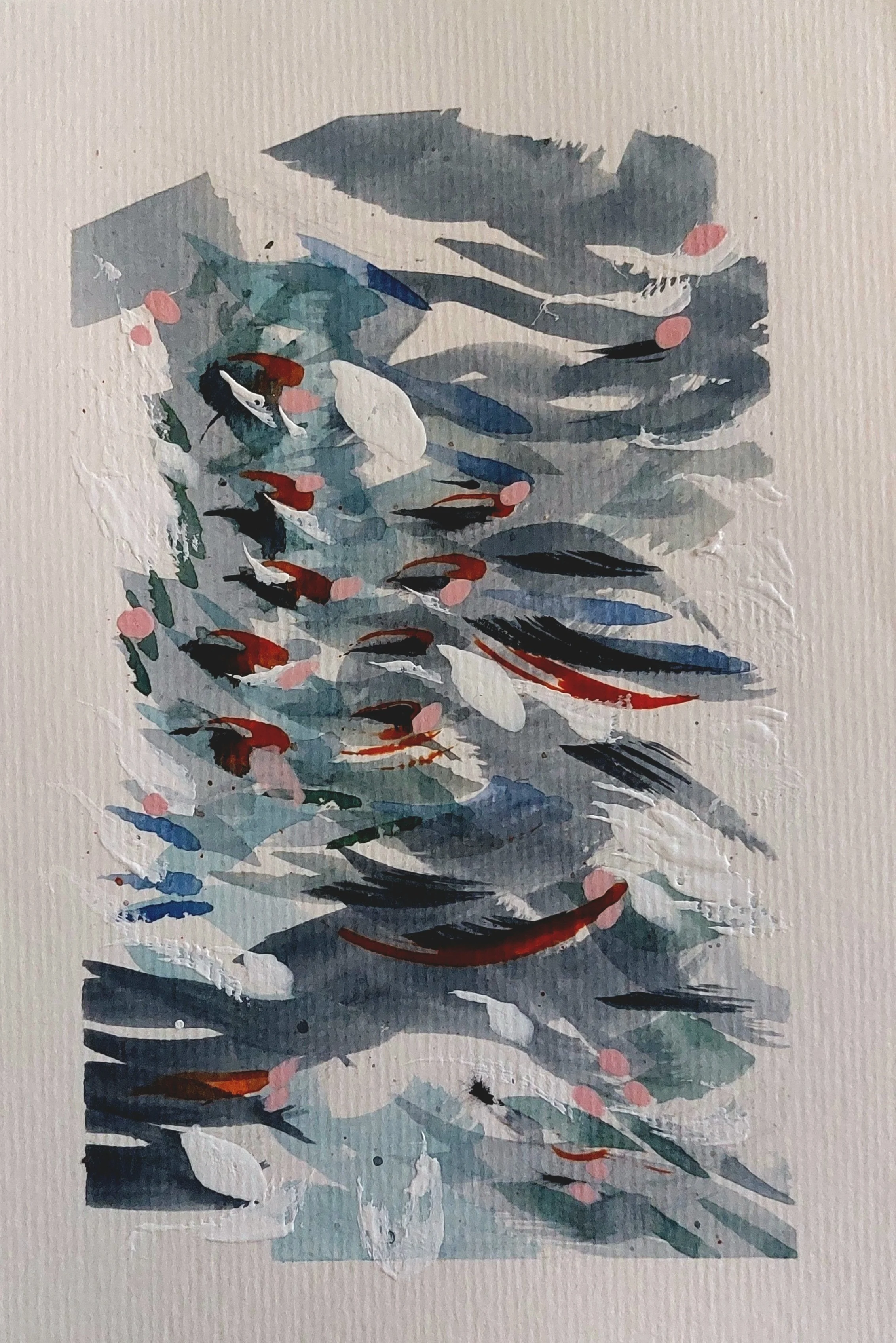 Abstract watercolor painting of koi fish swimming in water with gray and blue tones, accented with pink and red spots, on textured paper.