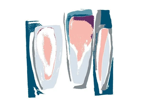 Abstract painting of three vertical, elongated shapes with shades of blue, pink, gray, and white.