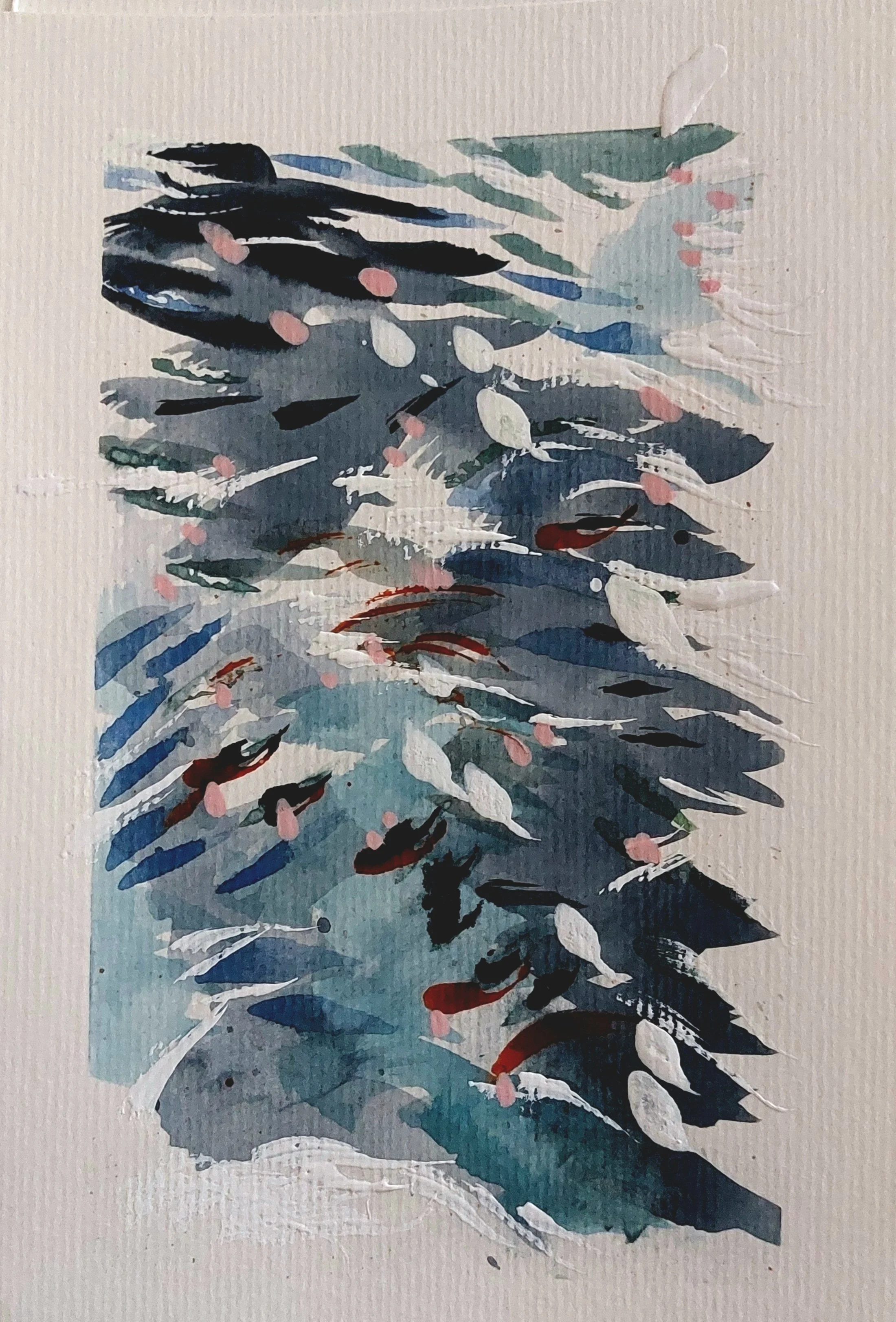 Abstract watercolor painting of fish swimming in water with reflections, using shades of blue, black, white, pink, and red.