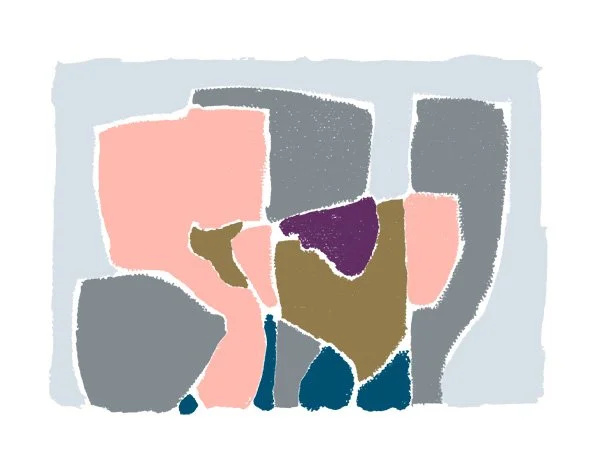 Abstract colorful painting with shapes in shades of pink, gray, purple, brown, and blue.