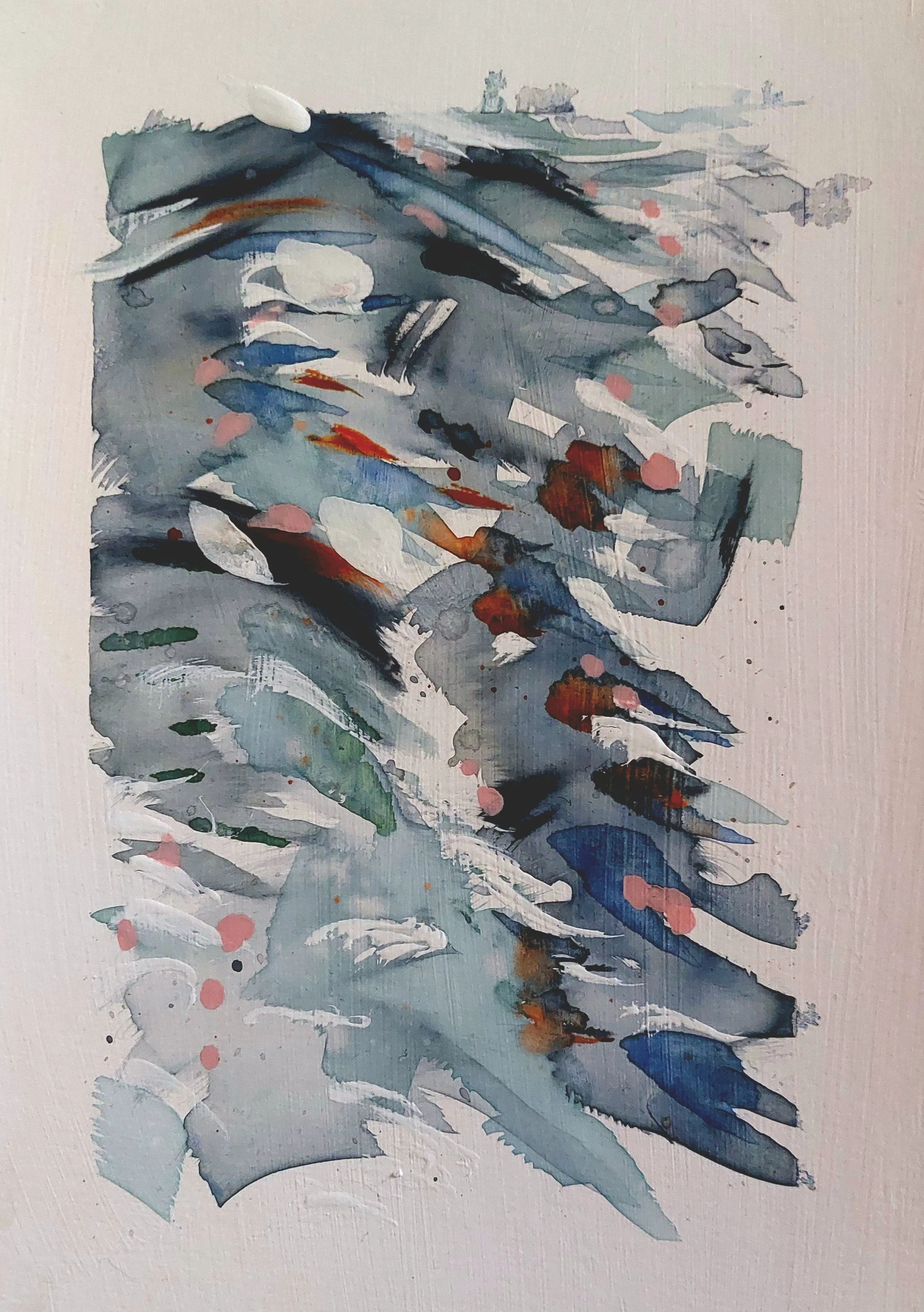 An abstract watercolor painting of a swimmer, depicted with fluid, sweeping brushstrokes and a blend of blues, whites, reds, and greens.