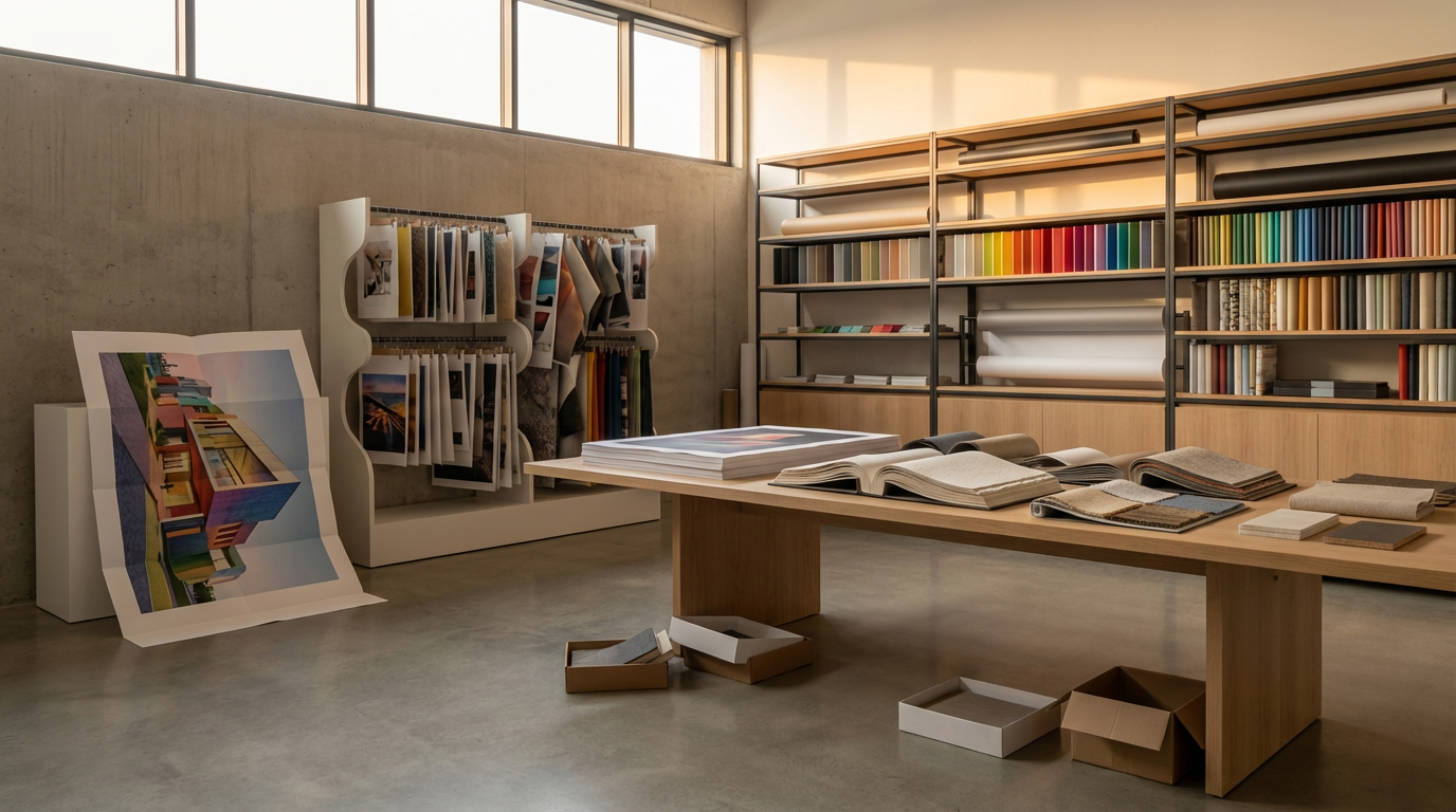 Interior of an art and design studio with books, fabric samples, and large format photos on display, natural light from windows above.