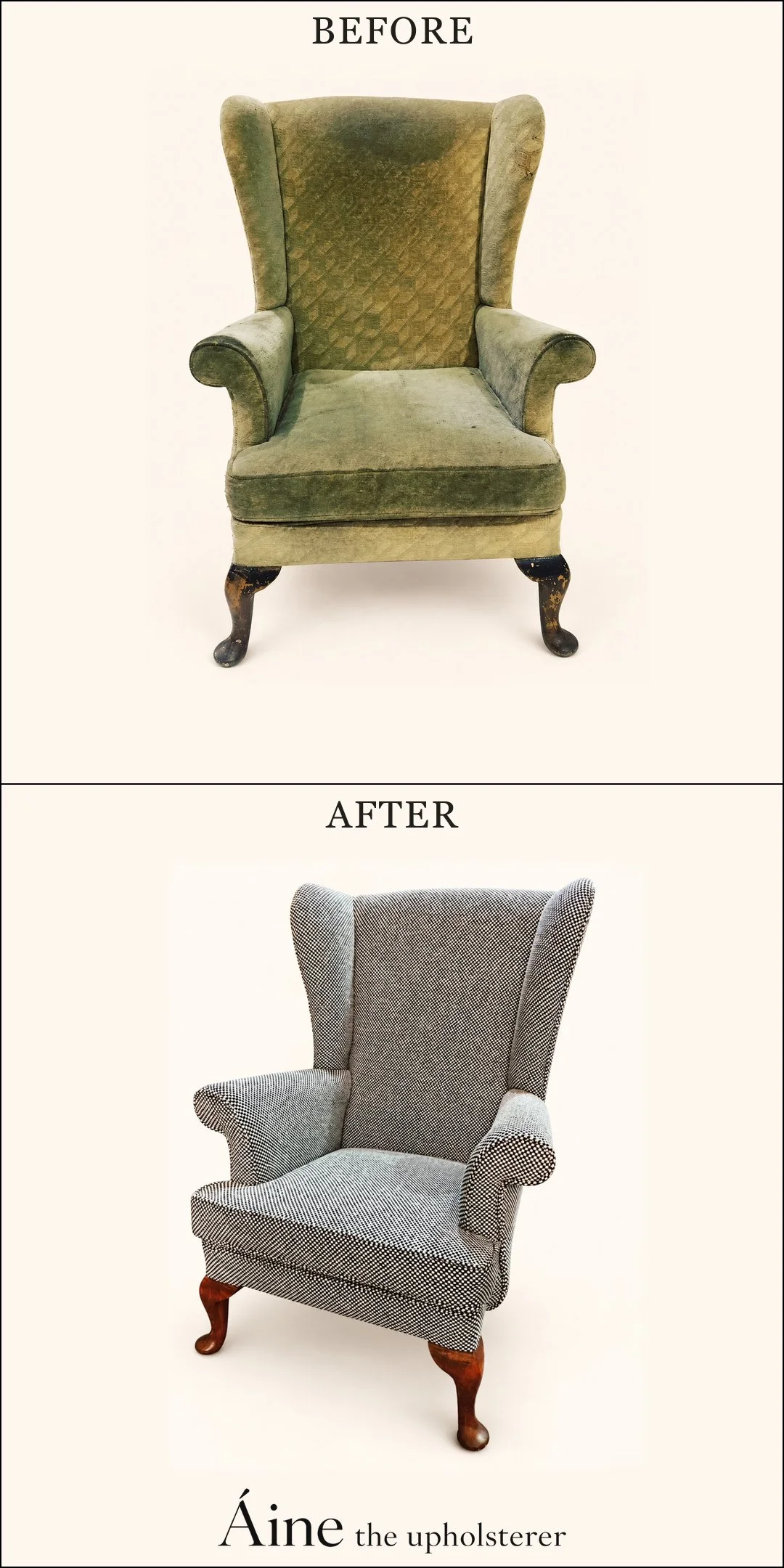 Parker Knoll Armchair before and after reupholstery, changing from worn green fabric to grey patterned upholstery.