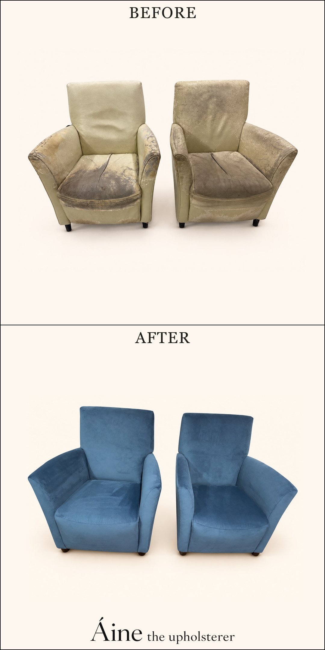 Pair of armchairs before and after reupholstery, changing from worn neutral fabric to blue upholstery.