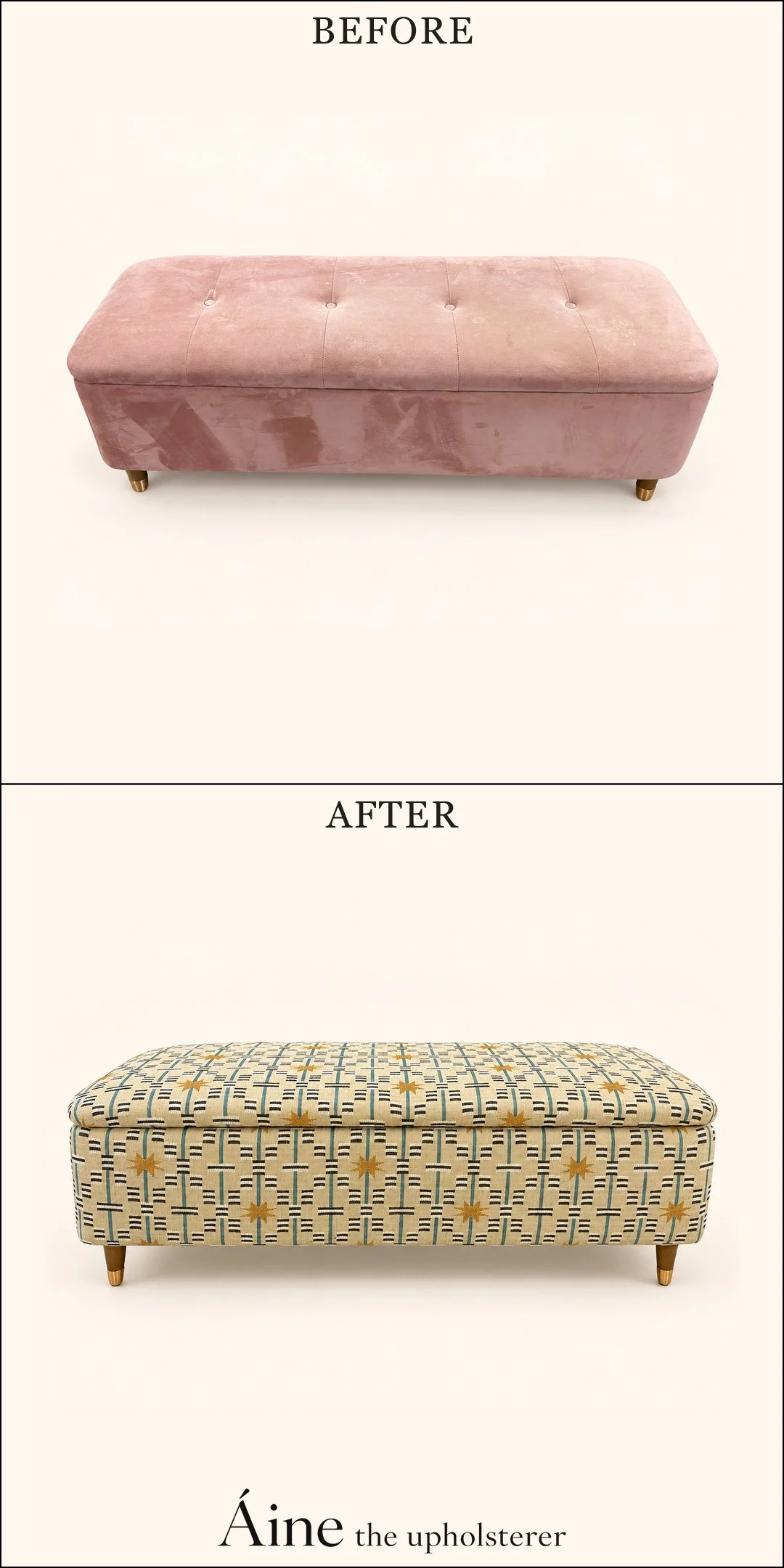 Long ottoman before and after reupholstery, changing from pale pink fabric to yellow and dark geometric upholstery with a buttoned top.