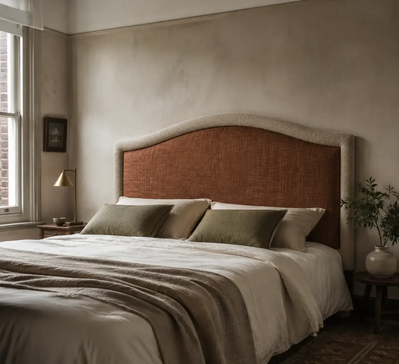 Upholstered headboard in a styled bedroom