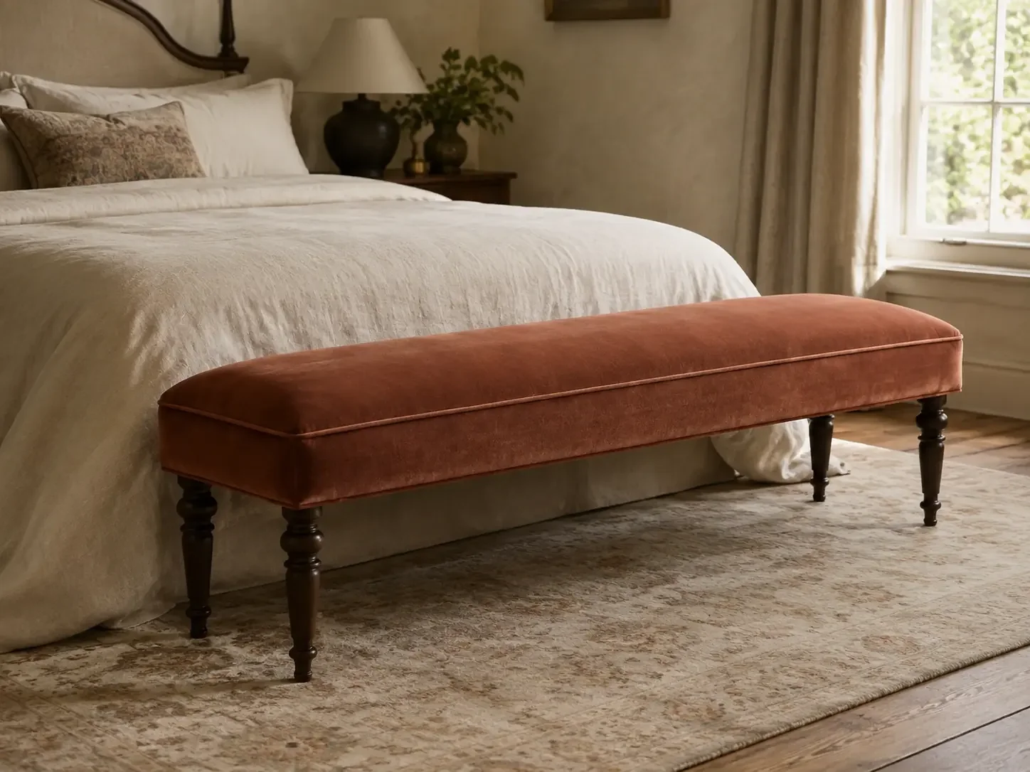 Rust velvet bench in a styled bedroom