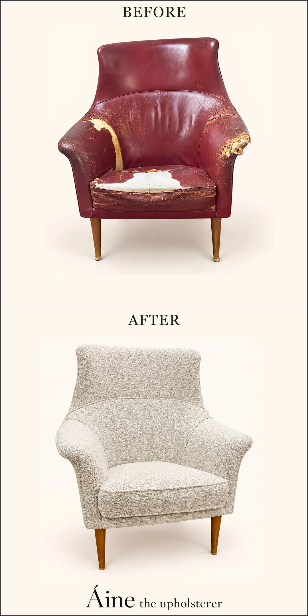 Curved armchair before and after reupholstery, changing from torn burgundy fabric to cream textured upholstery.