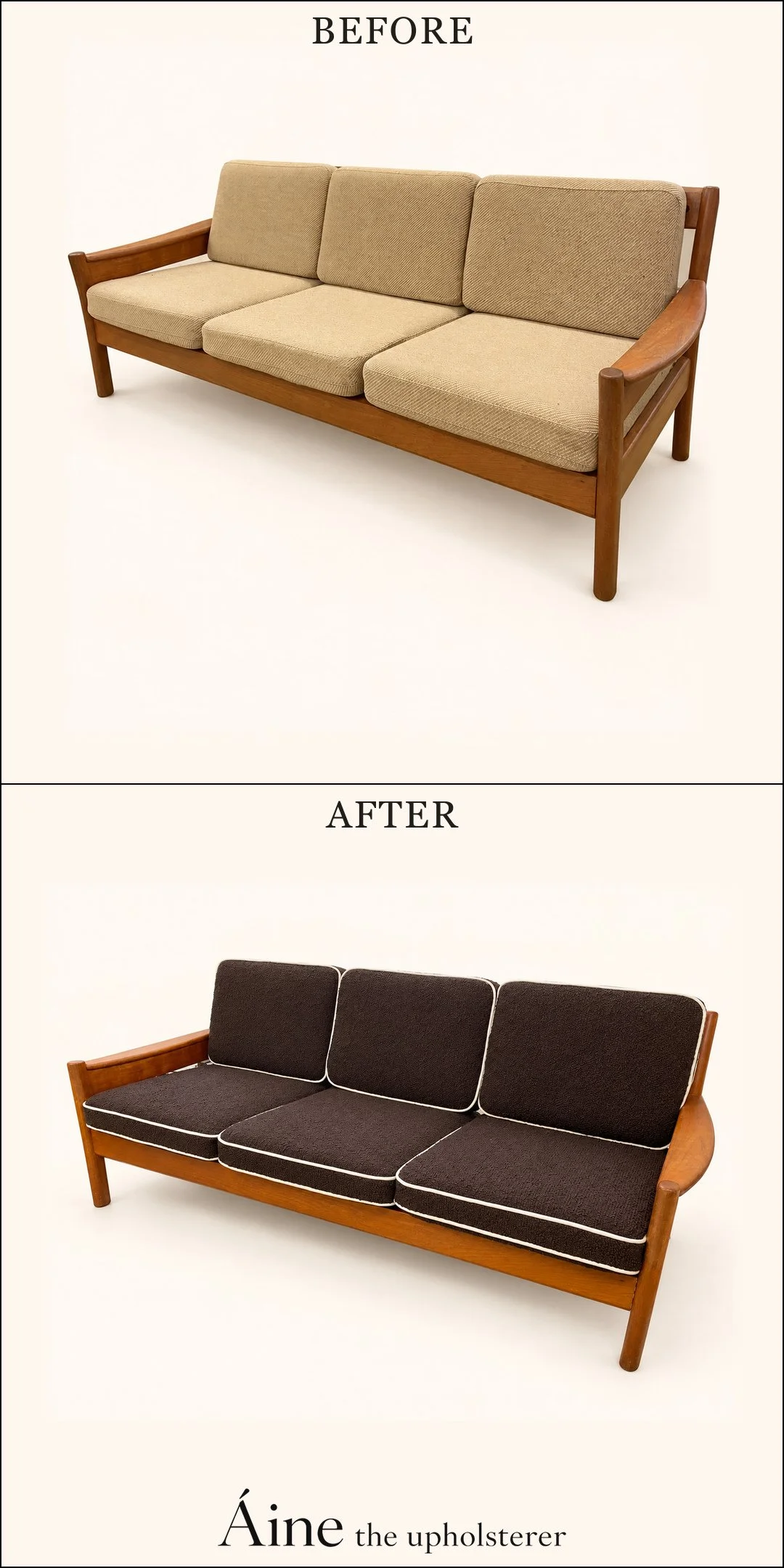 Wooden three-seat sofa before and after reupholstery, changing from beige cushions to dark brown upholstery with pale piping.