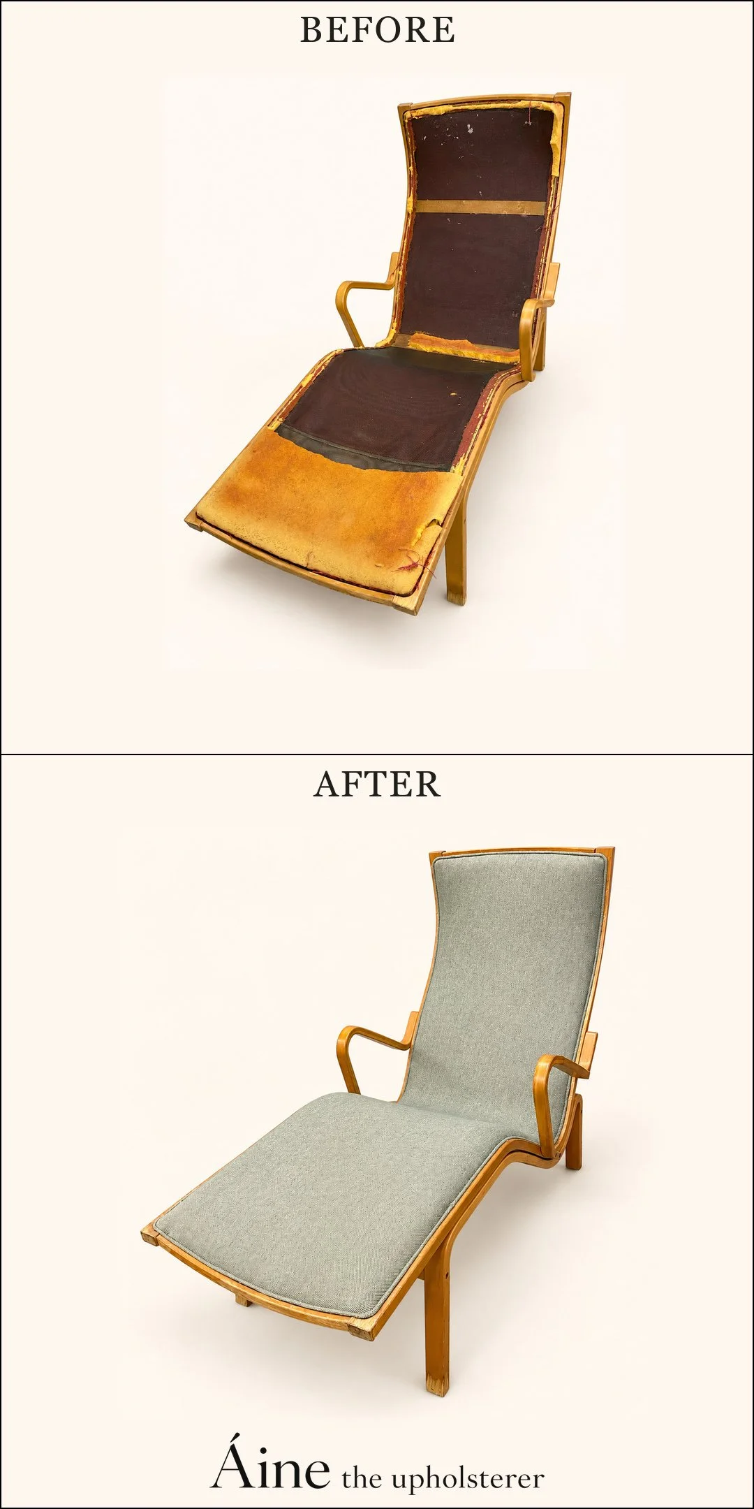 Wooden lounge chair before and after reupholstery, showing the exposed seat and back construction followed by pale blue-green upholstery.