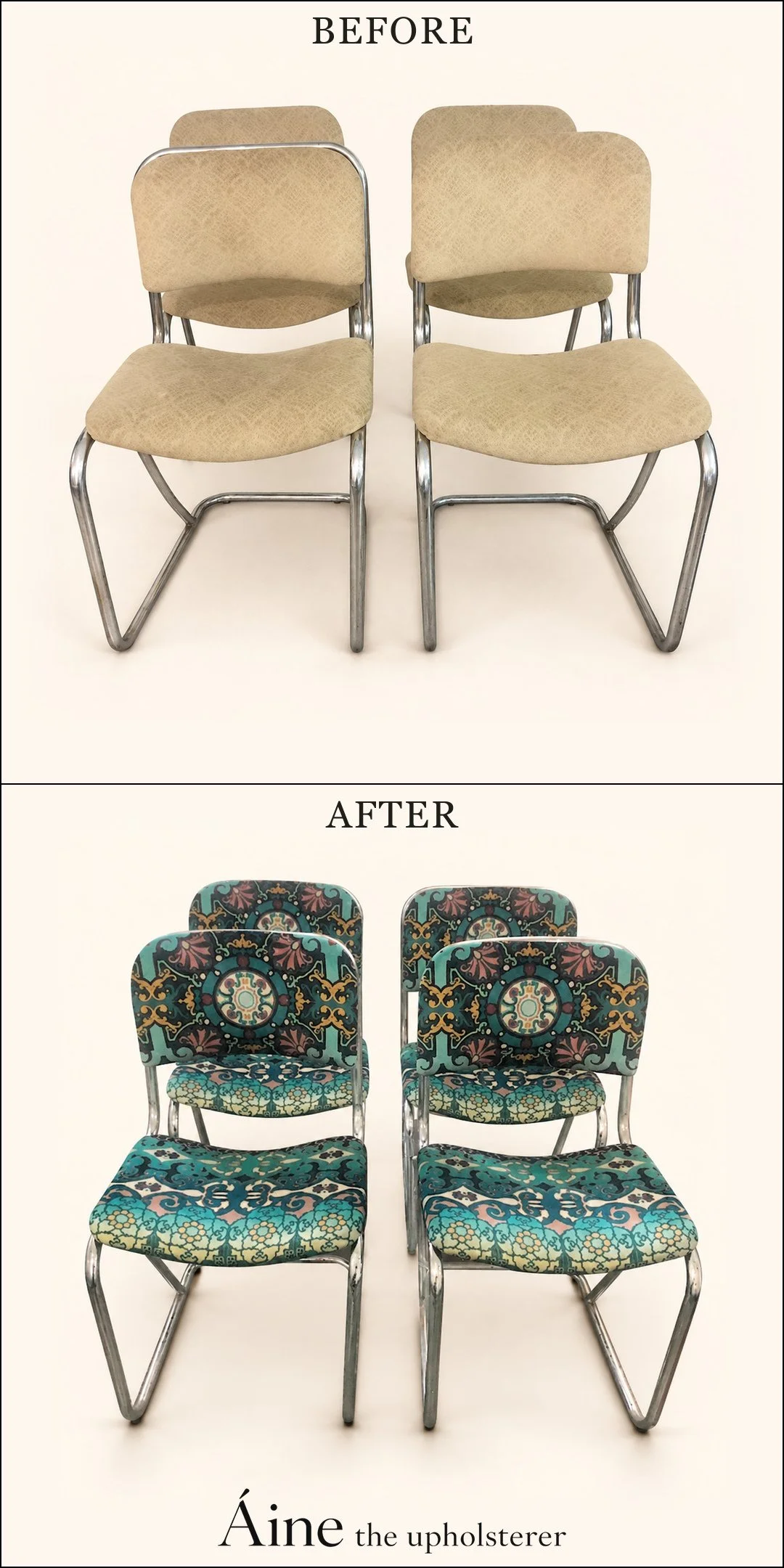 Chrome-frame chair set before and after reupholstery, changing from plain beige seats and backs to colourful patterned fabric.