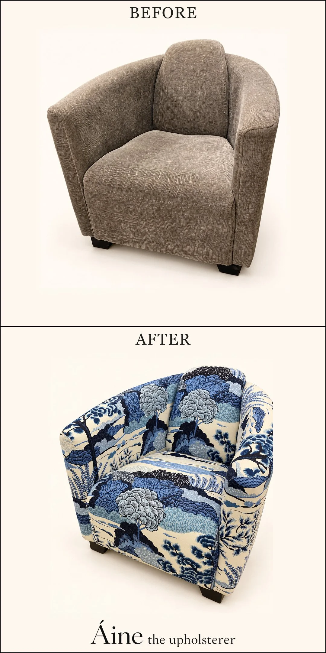 Tub chair before and after reupholstery, changing from plain grey fabric to blue and white floral upholstery.