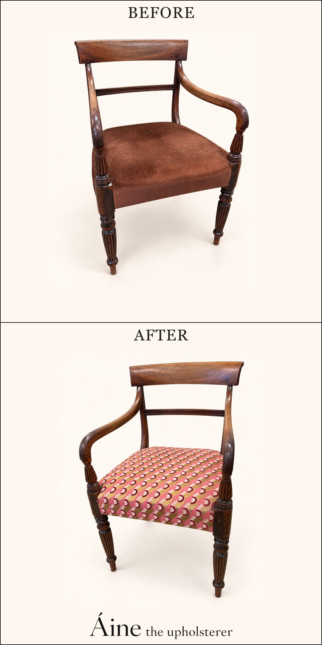 Wooden dining armchair before and after reupholstery, changing from a plain brown seat to red patterned fabric.