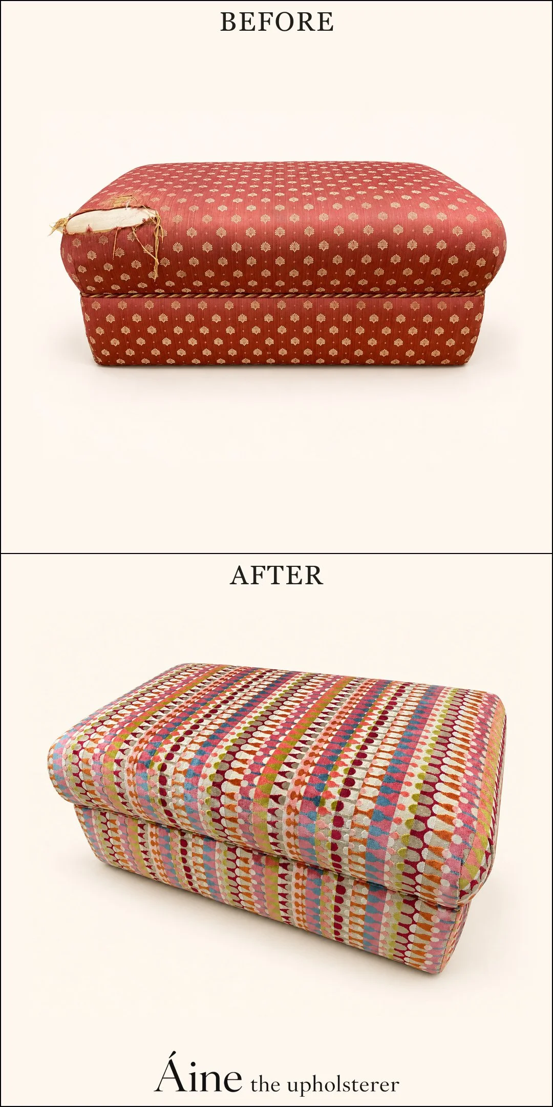 Ottoman before and after reupholstery, changing from worn red patterned fabric to colourful geometric upholstery.