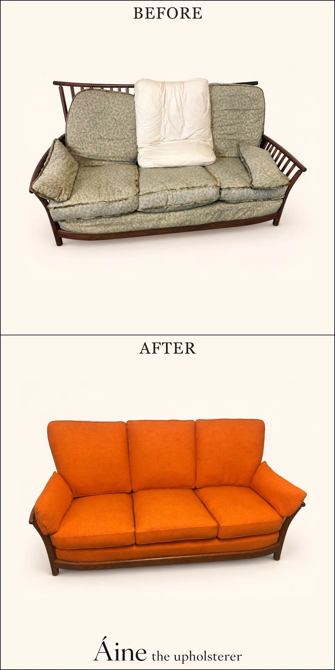 Ercol Renaissance Sofa before and after reupholstery, changing from worn patterned cushions to orange upholstery.