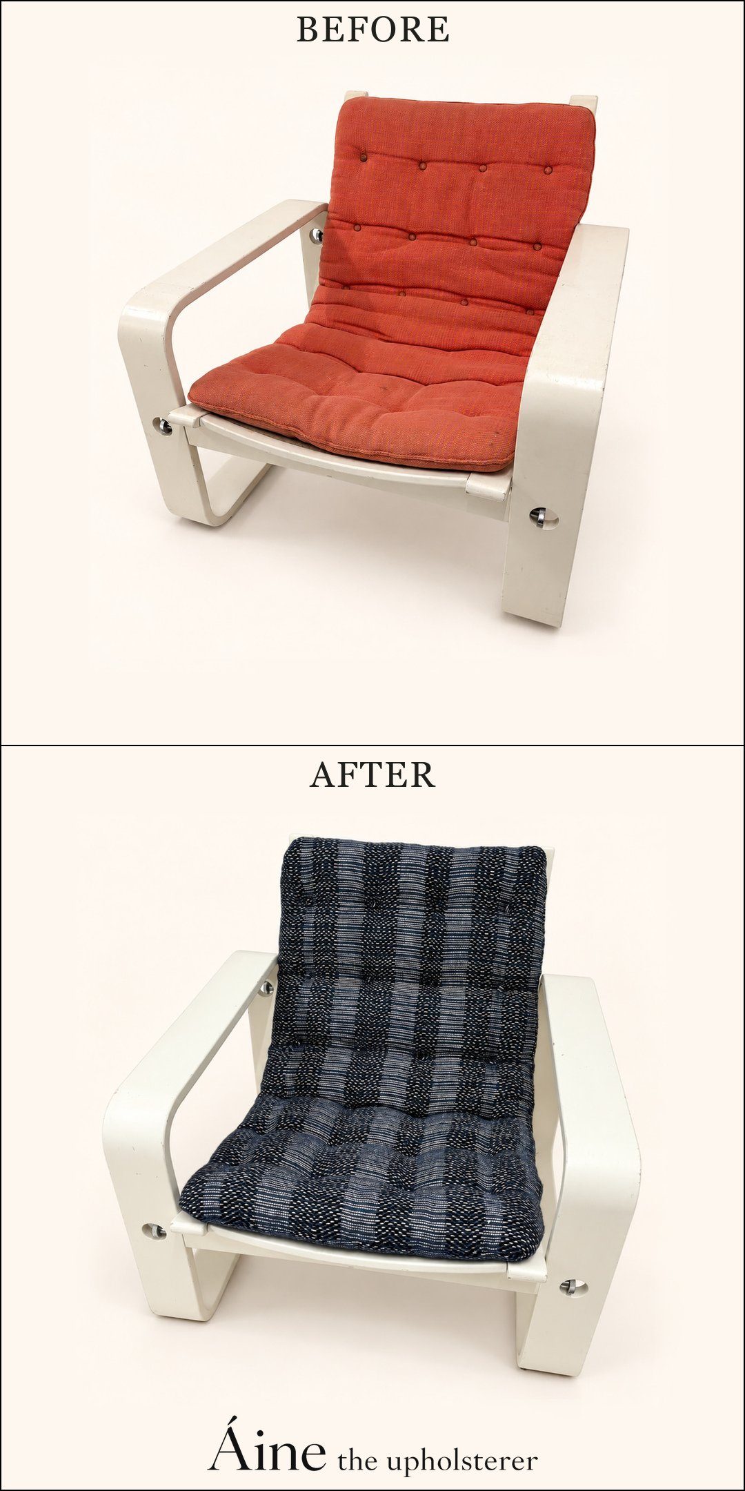 White-frame lounge chair before and after reupholstery, changing from a red seat and back to blue and grey checked fabric.