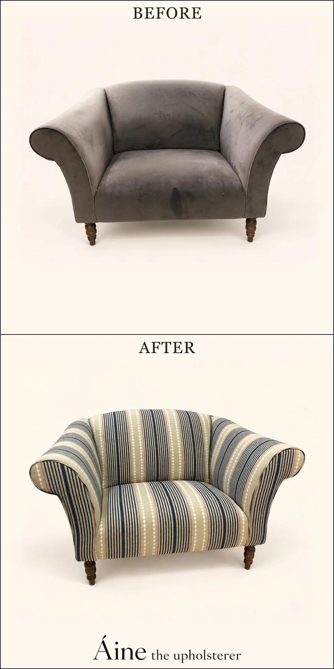 Tub chair before and after reupholstery, changing from worn grey fabric to blue and cream striped upholstery.