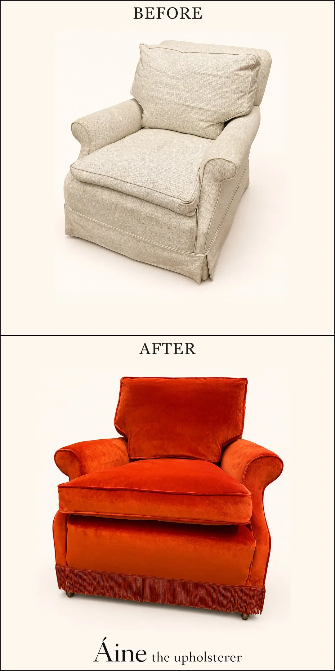 Armchair before and after reupholstery, changing from cream upholstery with a fabric skirt to orange upholstery with a fringed base.
