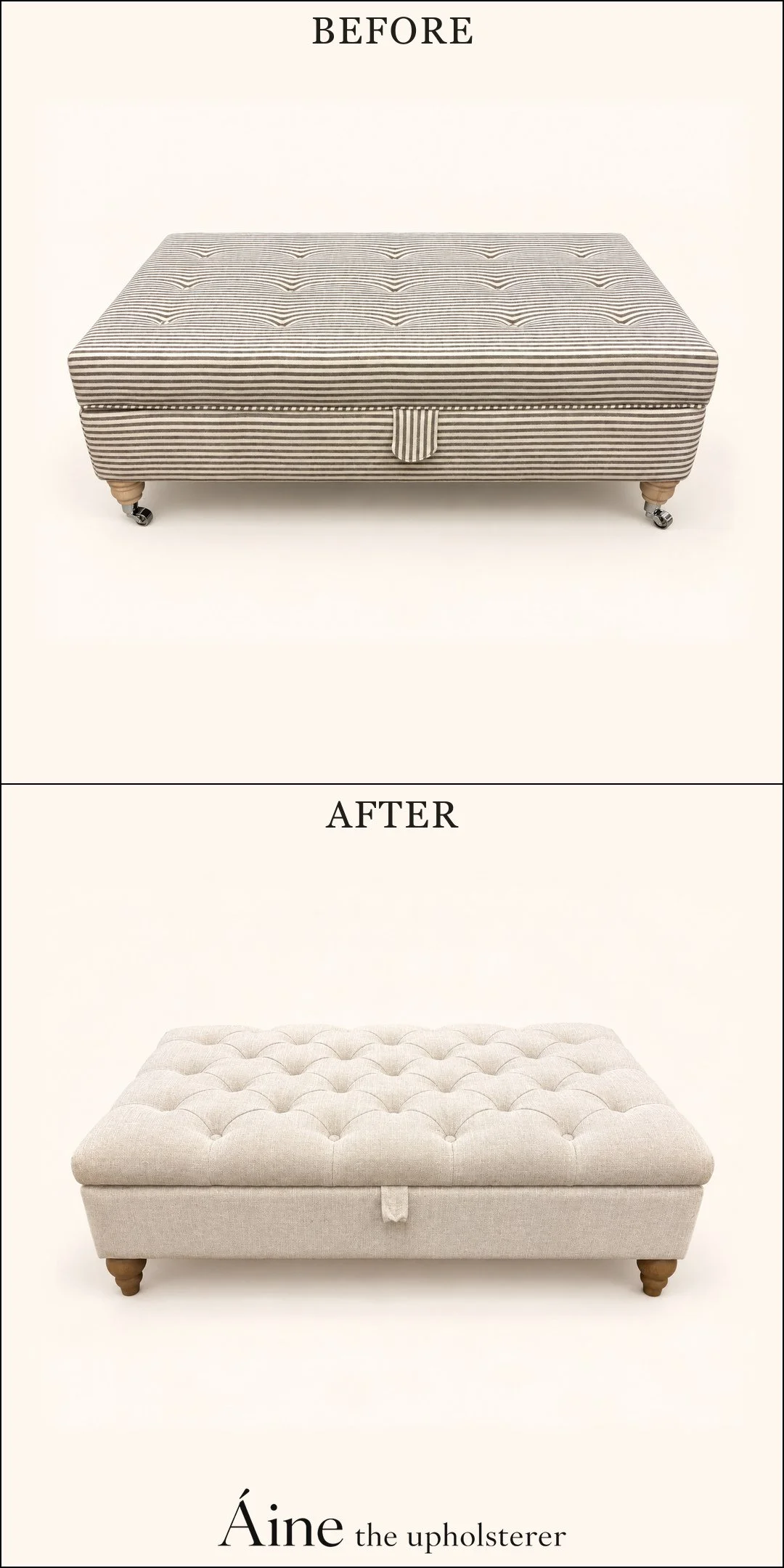 Storage ottoman before and after reupholstery, changing from finely striped fabric to cream upholstery with a deep-buttoned top.