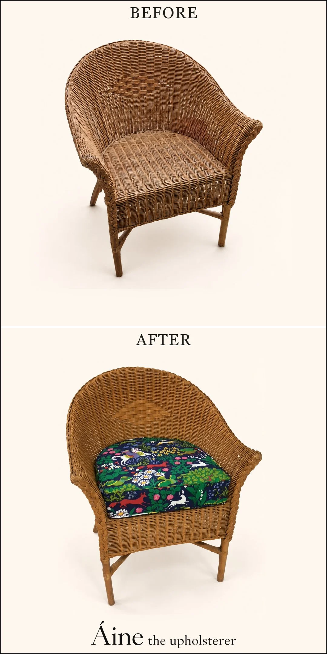 Wicker armchair before and after upholstery, changing from a woven seat to a colourful floral seat cushion.