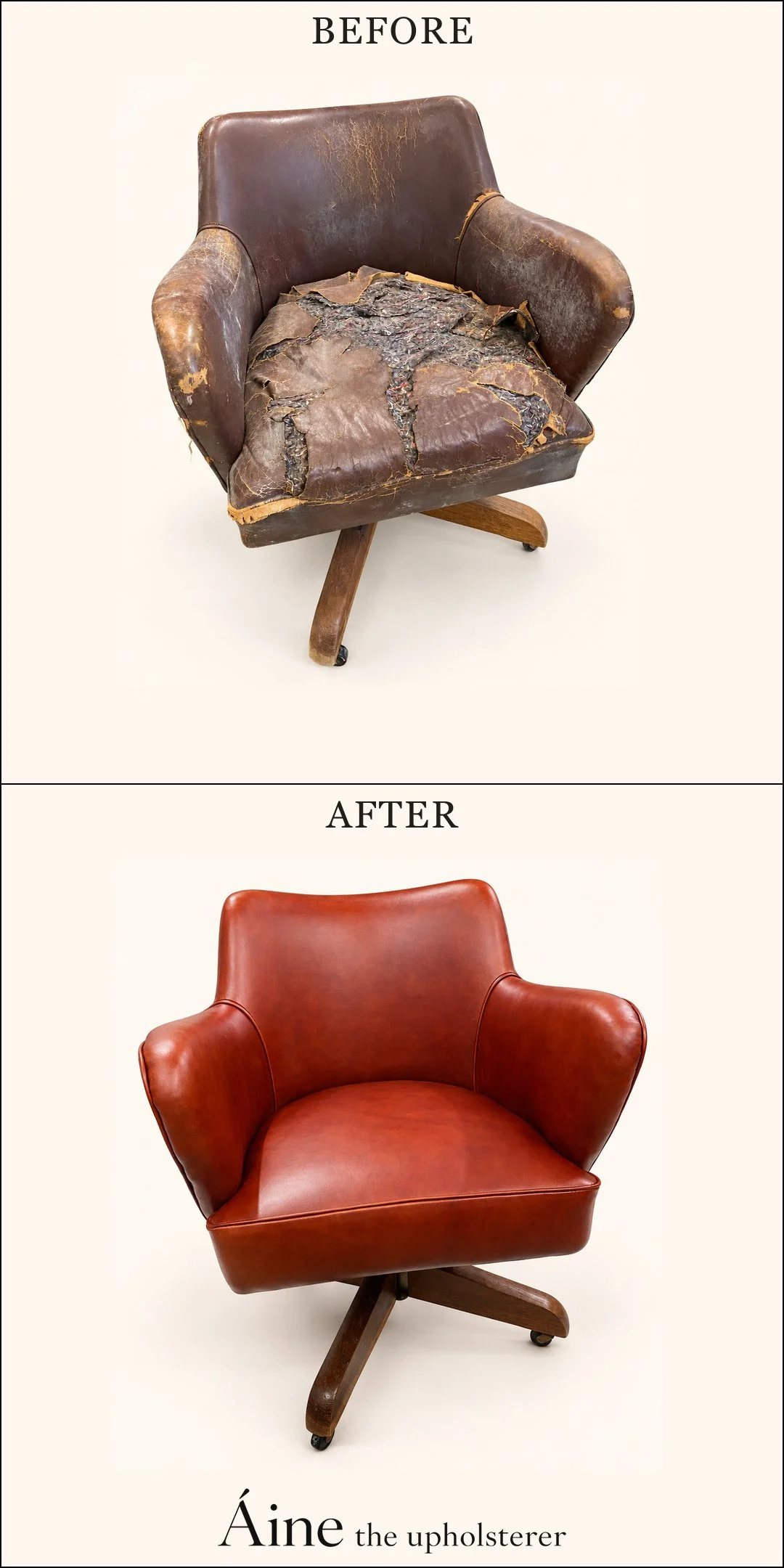 Mid-Century Swivel Chair before and after reupholstery, from worn brown leather and a damaged seat to reddish-brown leather upholstery.