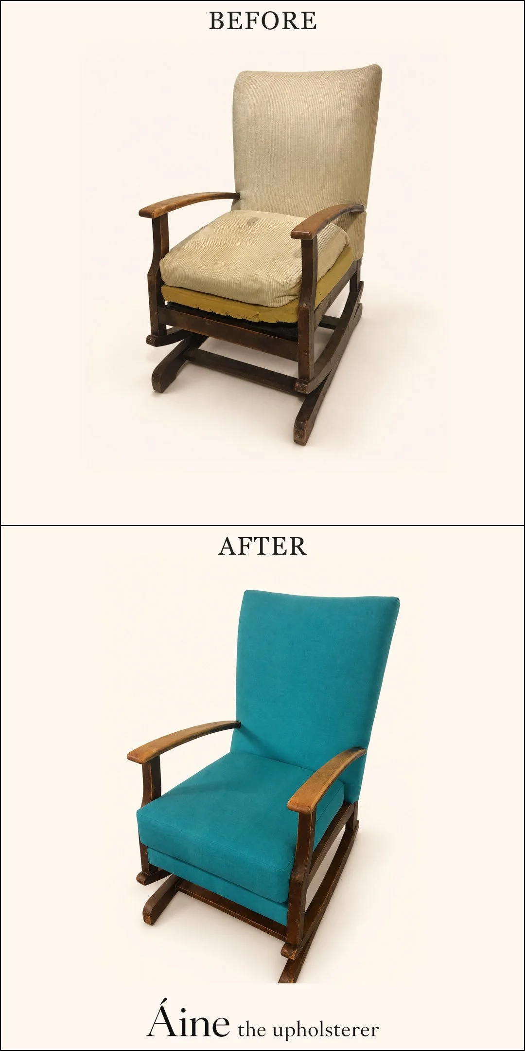 Wooden rocking chair before and after reupholstery, changing from worn cream seat and back upholstery to teal fabric.