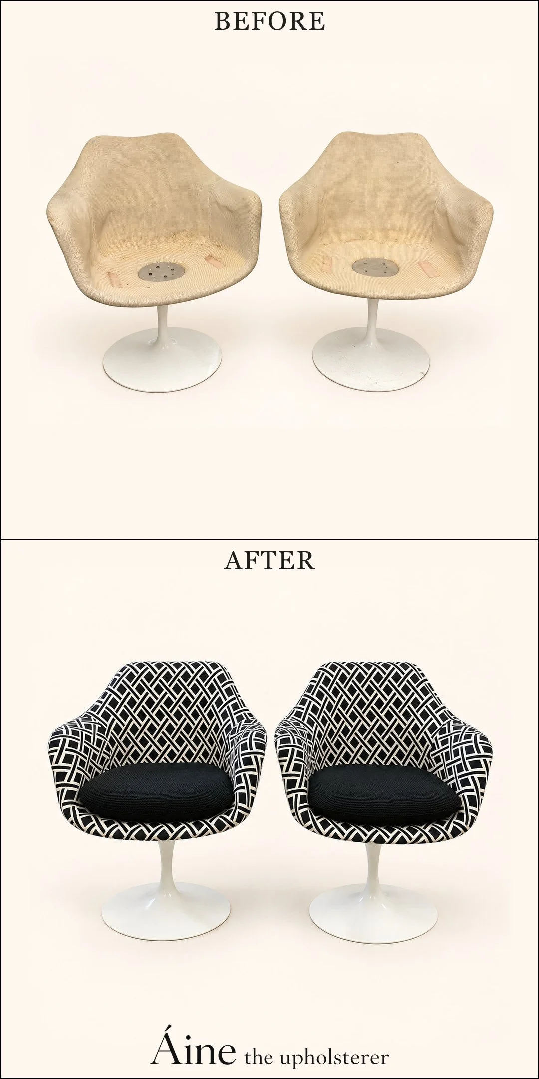 Pair of pedestal chairs before and after reupholstery, showing exposed seat interiors followed by black and white geometric fabric and black seat cushions.