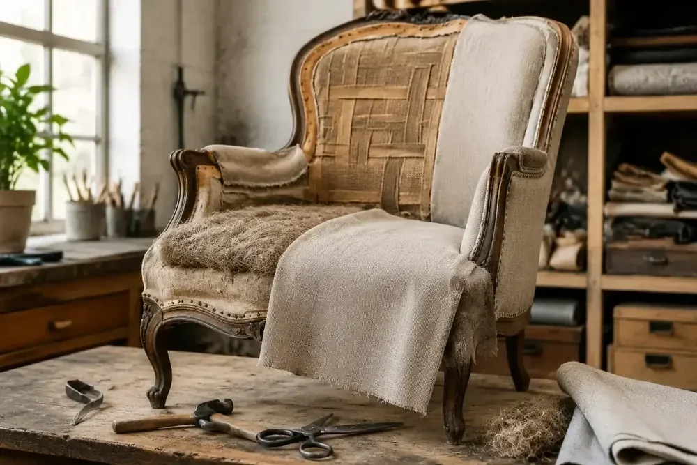Traditional armchair with exposed webbing and natural fabric during reupholstery