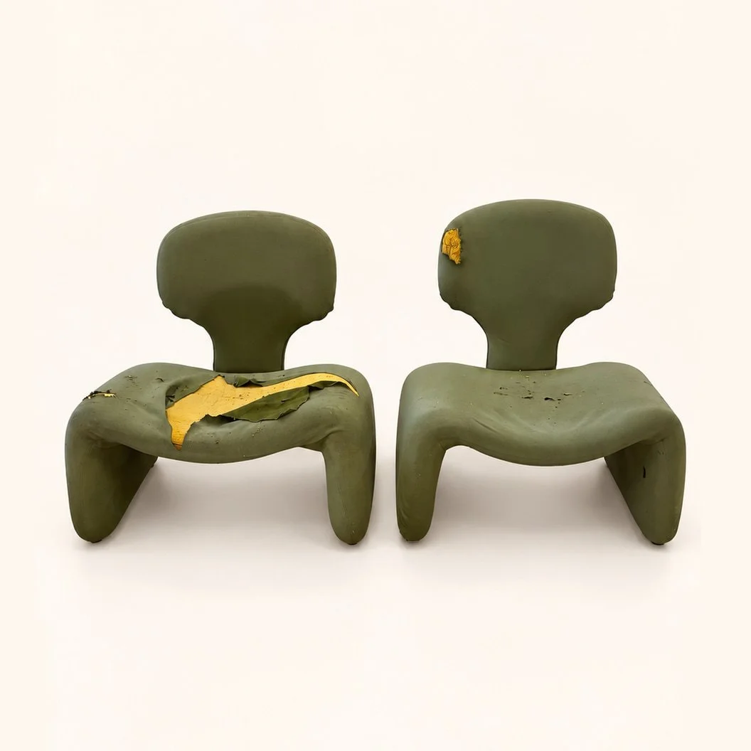 Olivier Mourgue Djinn Chairs before reupholstery in worn green fabric, with torn seats exposing yellow padding.
