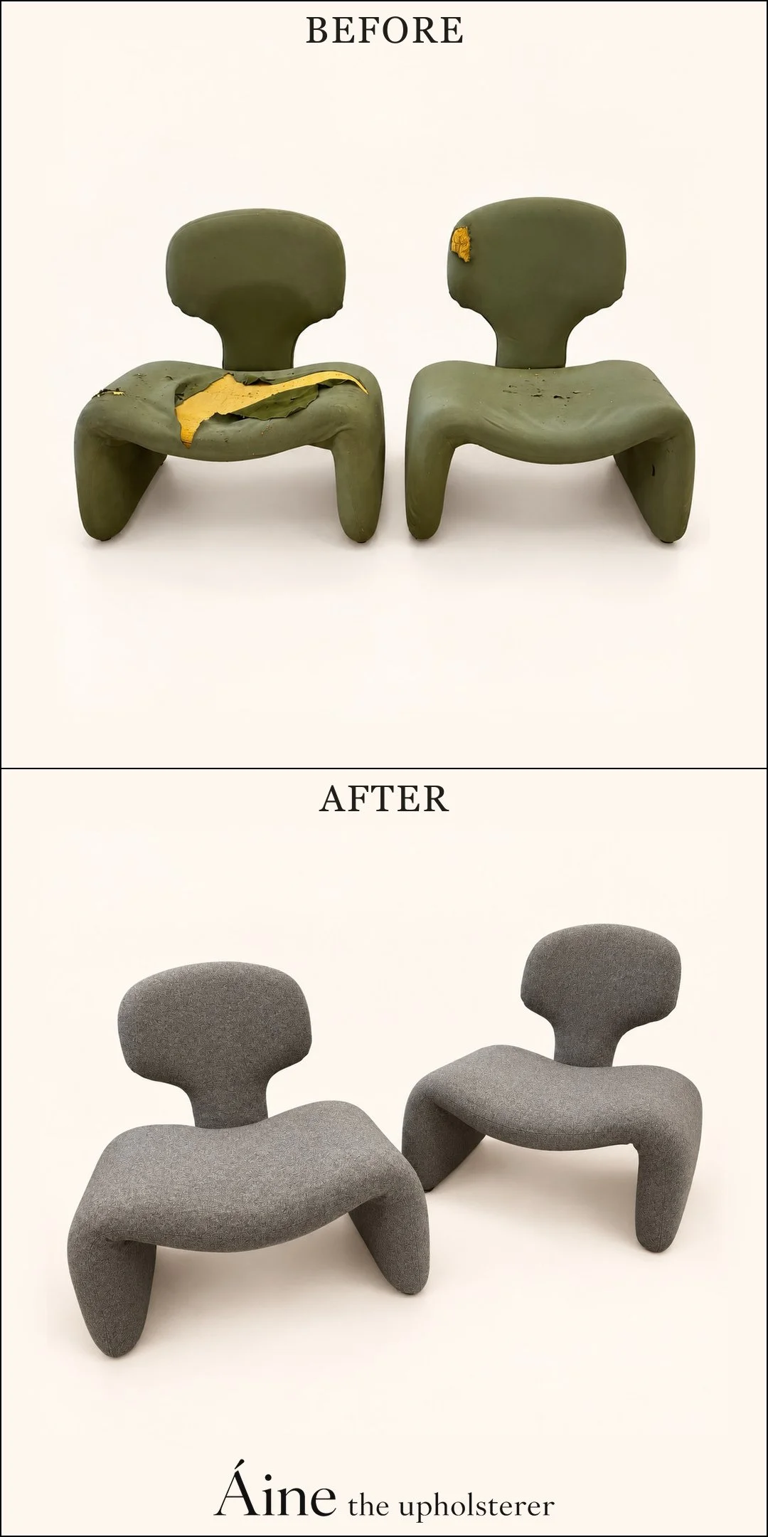 Olivier Mourgue Djinn Chairs before and after reupholstery, changing from torn green fabric to grey upholstery with rounded backs and curved bases.