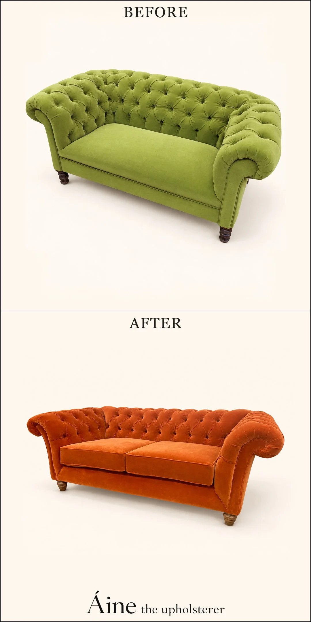 Chesterfield sofa before and after reupholstery, changing from green upholstery to orange fabric with deep buttoning and rolled arms.