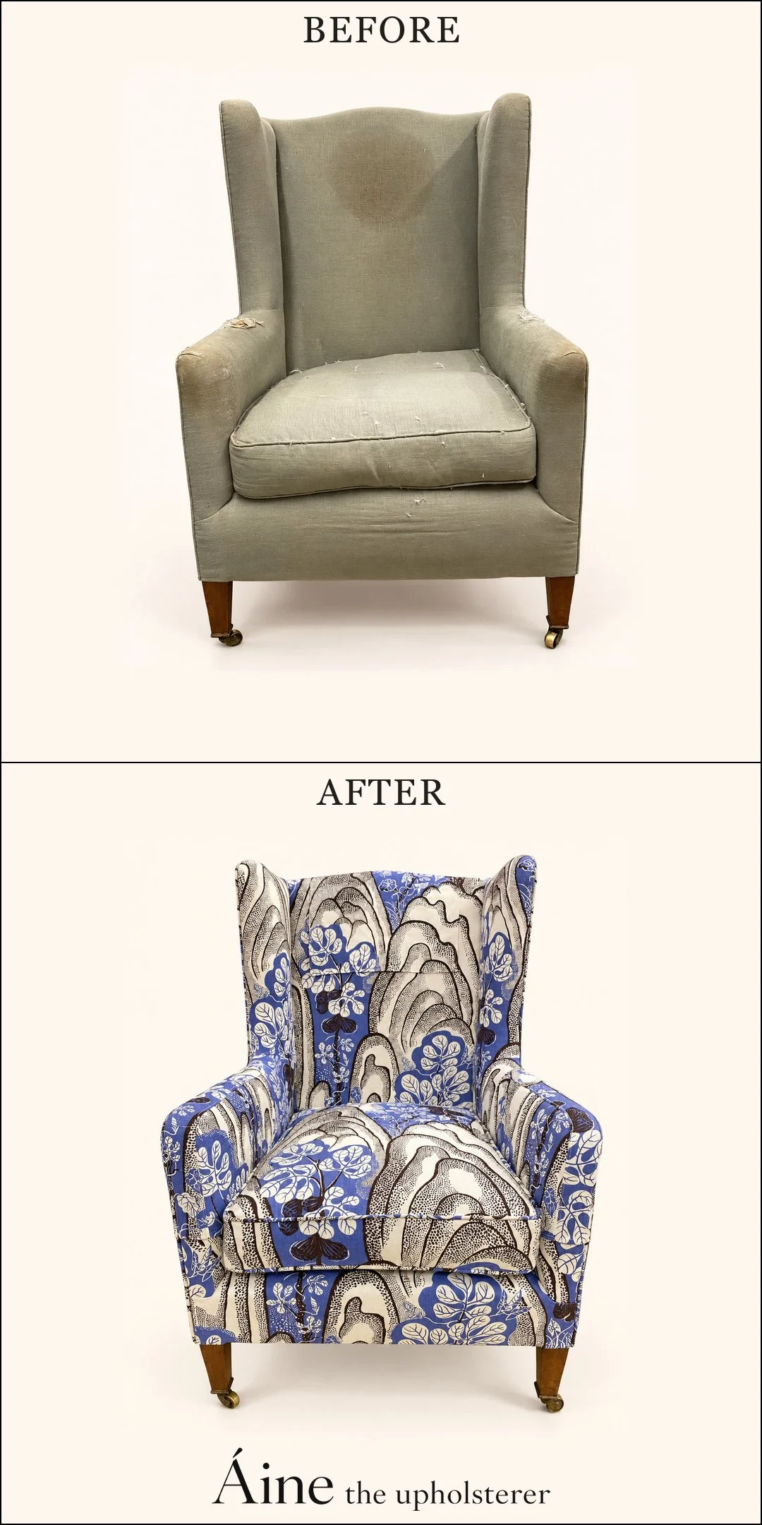 William Birch Wingback Chair before and after reupholstery, from plain grey-green fabric to Josef Frank Rox and Fix patterned upholstery.