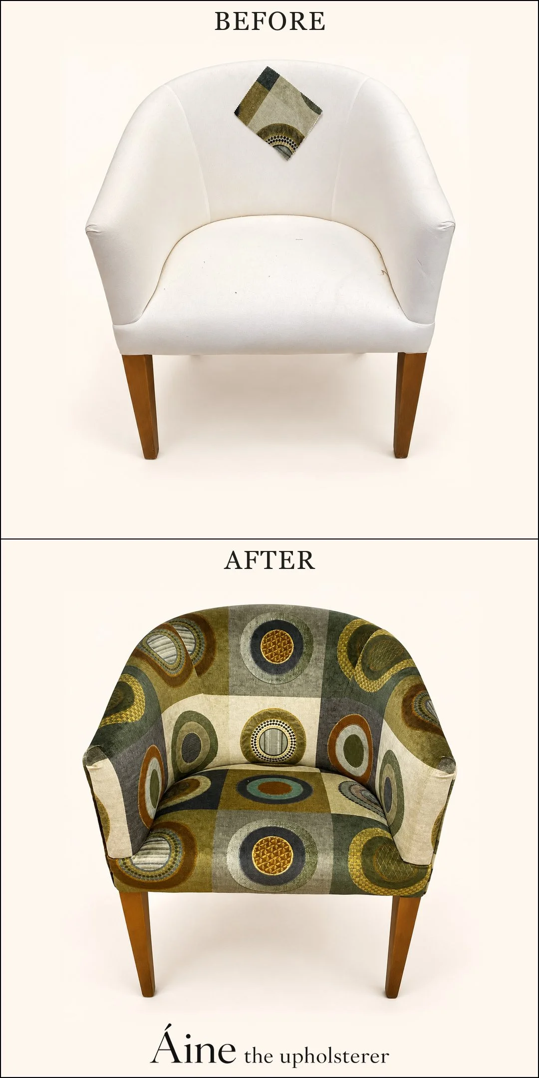 Tub chair before and after reupholstery, changing from plain white fabric to a green, brown and ochre circular pattern.