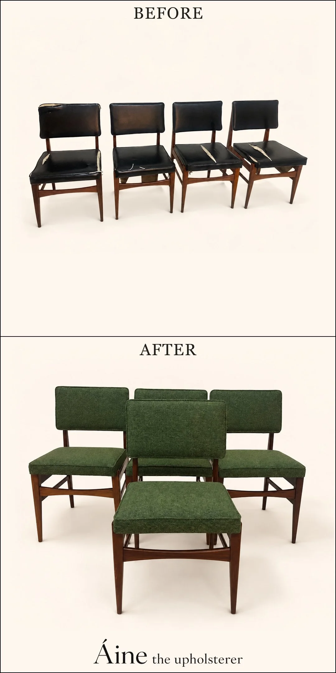 Wooden dining chair set before and after reupholstery, changing from dark seats and backs to green fabric.