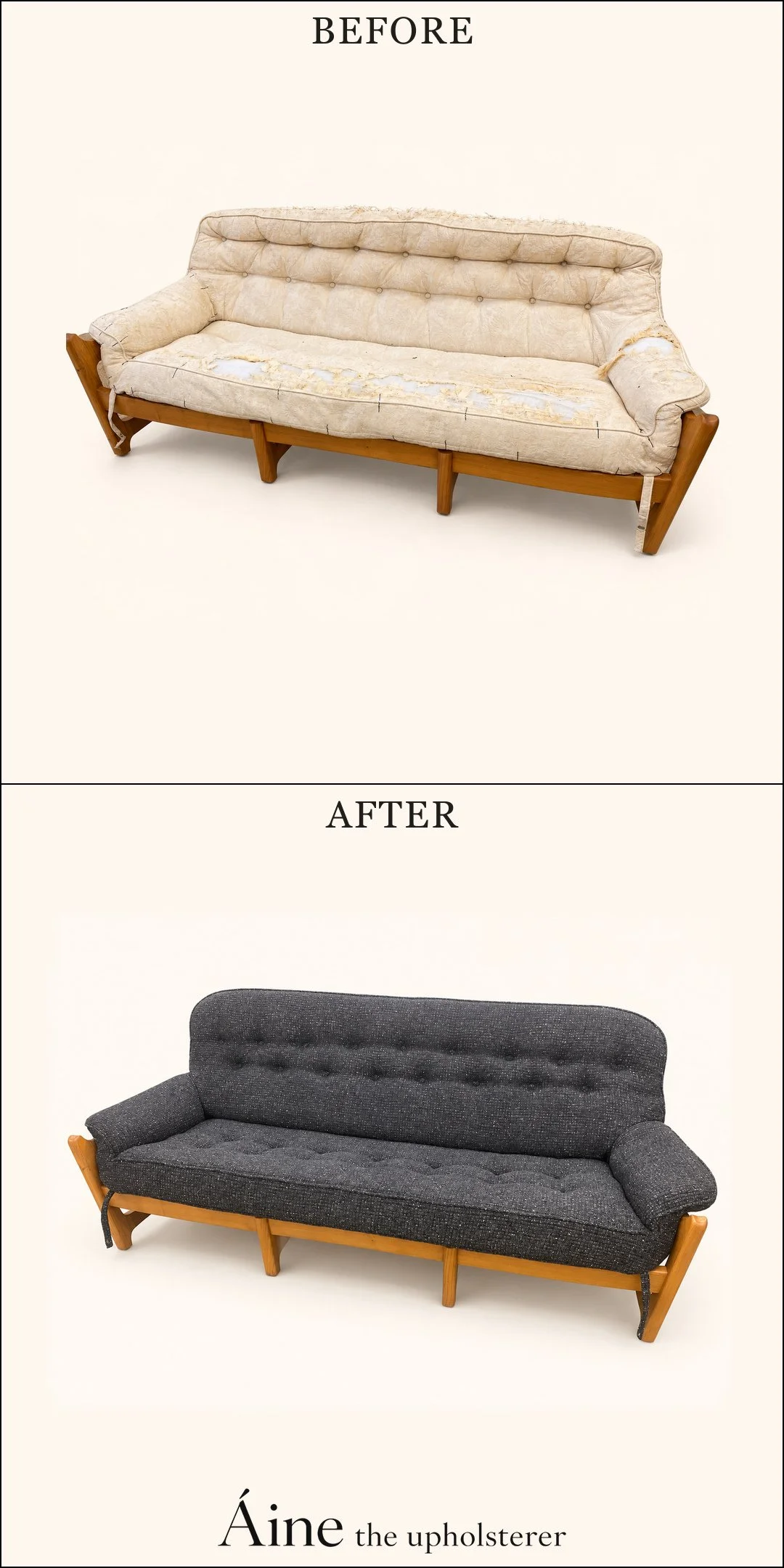 Tufted wooden-frame sofa before and after reupholstery, changing from worn cream fabric to charcoal upholstery.