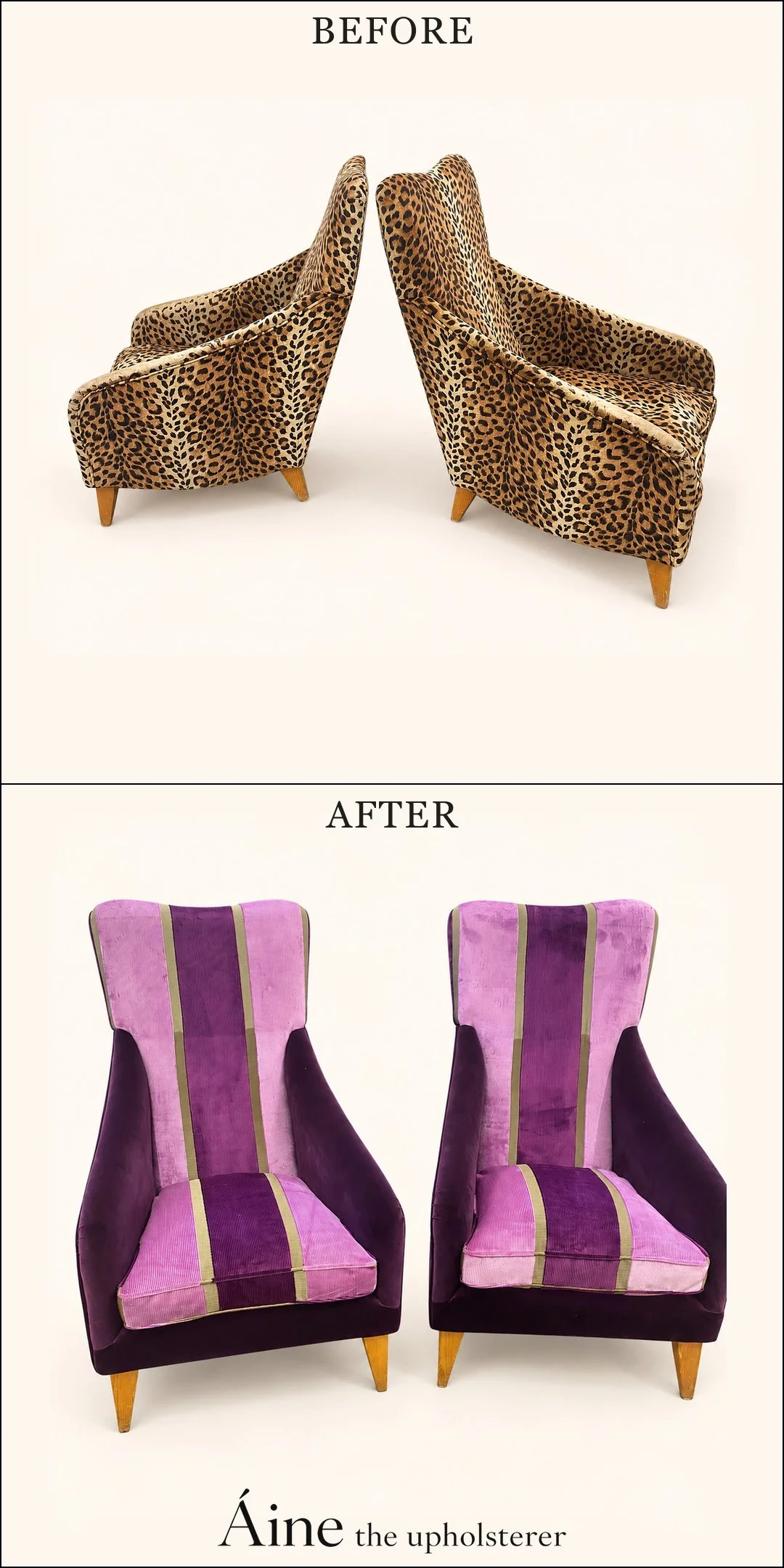 Pair of high-back chairs before and after reupholstery, changing from animal-print fabric to purple and pink panels with narrow gold-coloured stripes.