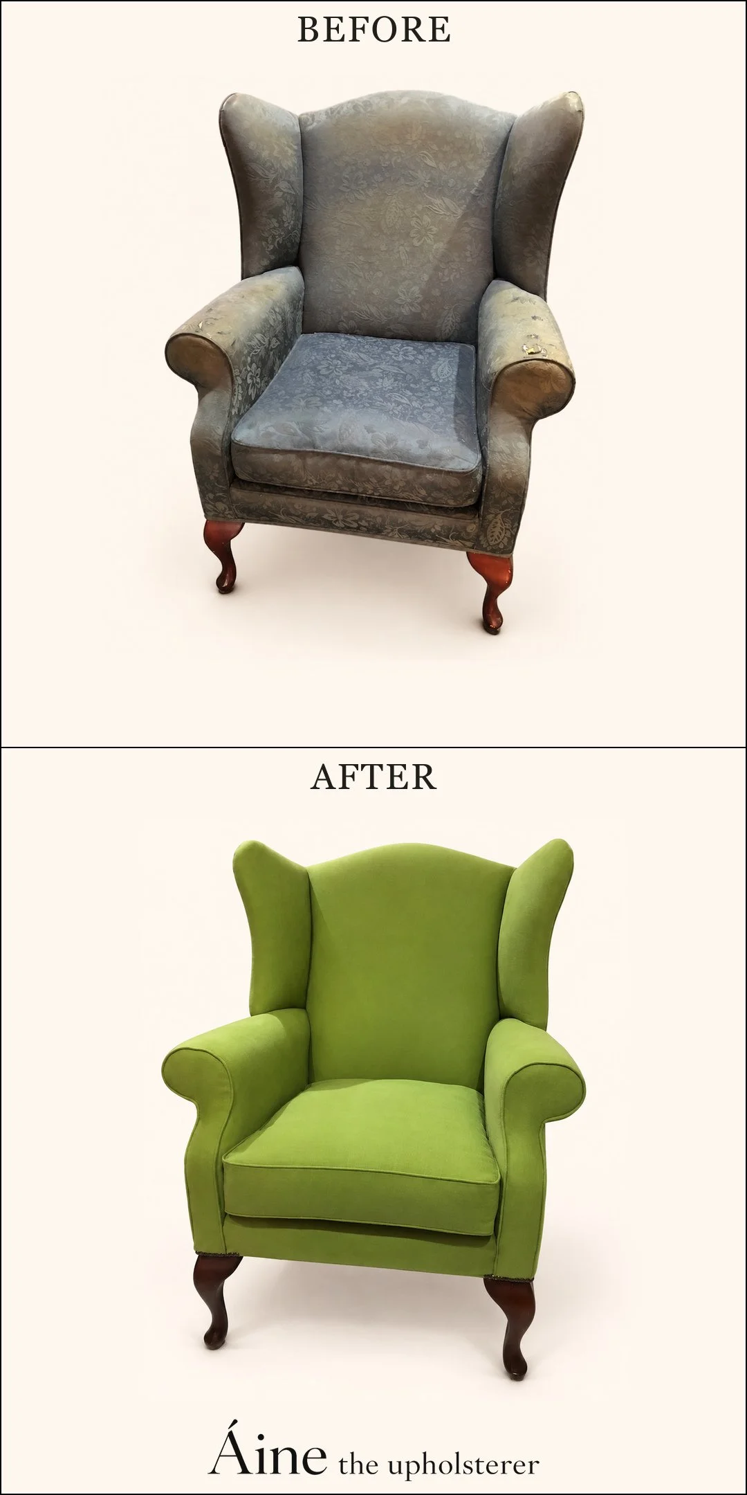 Wingback armchair before and after reupholstery, changing from worn floral fabric to bright green upholstery.