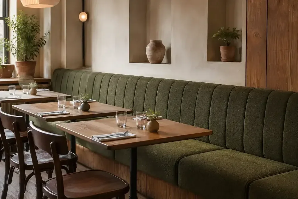 Upholstered banquette seating in a commercial interior